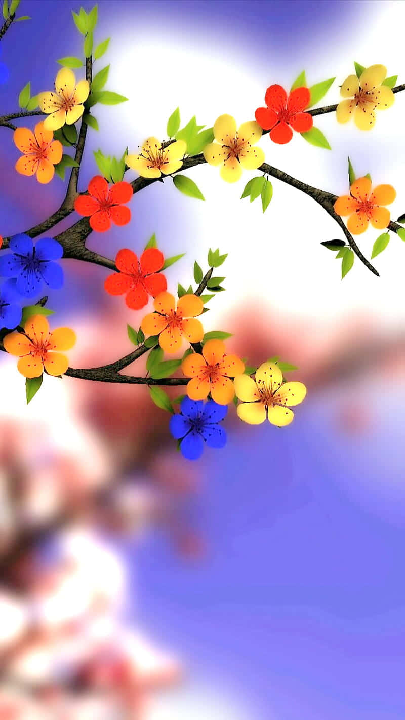 色彩繽紛的數位花朵在樹枝上綻放，背景是柔和的天空。
