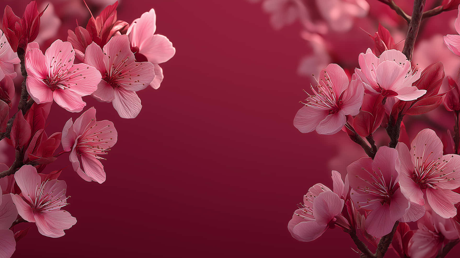 Vibrant Digital Illustration of Delicate Pink Cherry Blossoms 壁紙 — 粉紅色的櫻花在深色樹枝上盛開，背景為深栗色漸變。