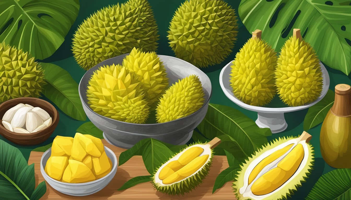  壁紙 — 一個充滿活力的數碼插圖，展示整個、切片和切塊的榴槤果實，放在木桌上，配以熱帶葉子。