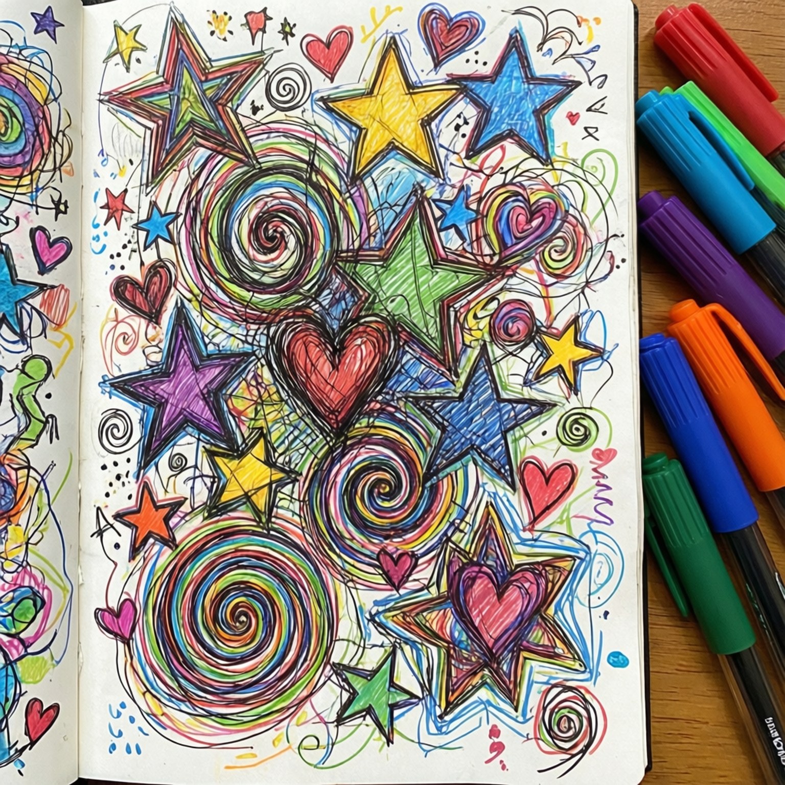 Colorful Doodle Page 壁紙 — 充滿塗鴉嘅素描簿頁面，色彩繽紛嘅星星、心形同螺旋圖案爆滿，周圍放滿記號筆。