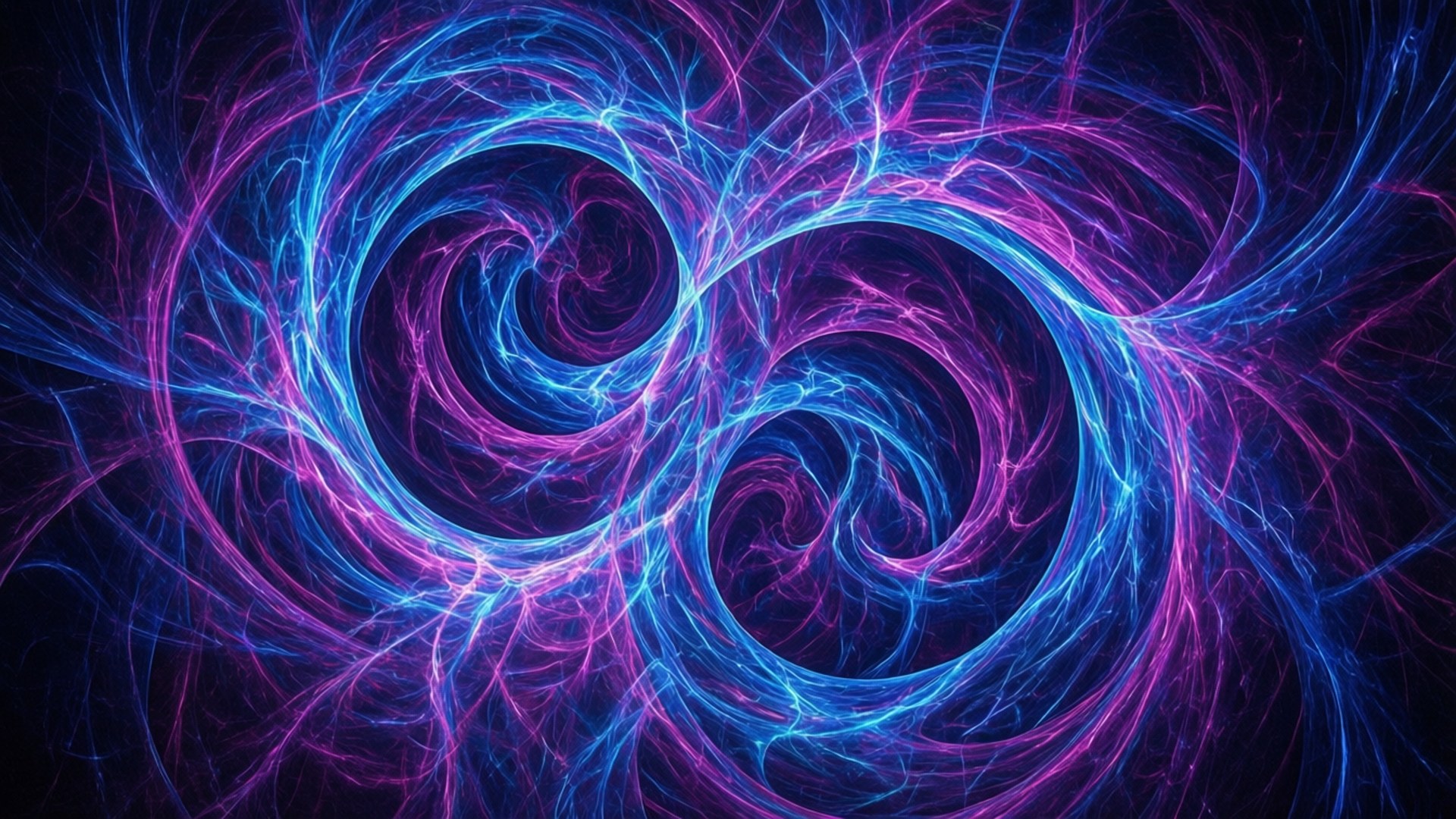 Electric Fractal Swirl 壁紙 — 充滿活力的電光藍和洋紅色分形能量漩渦在黑暗虛空中形成兩個交織的宇宙漩渦。