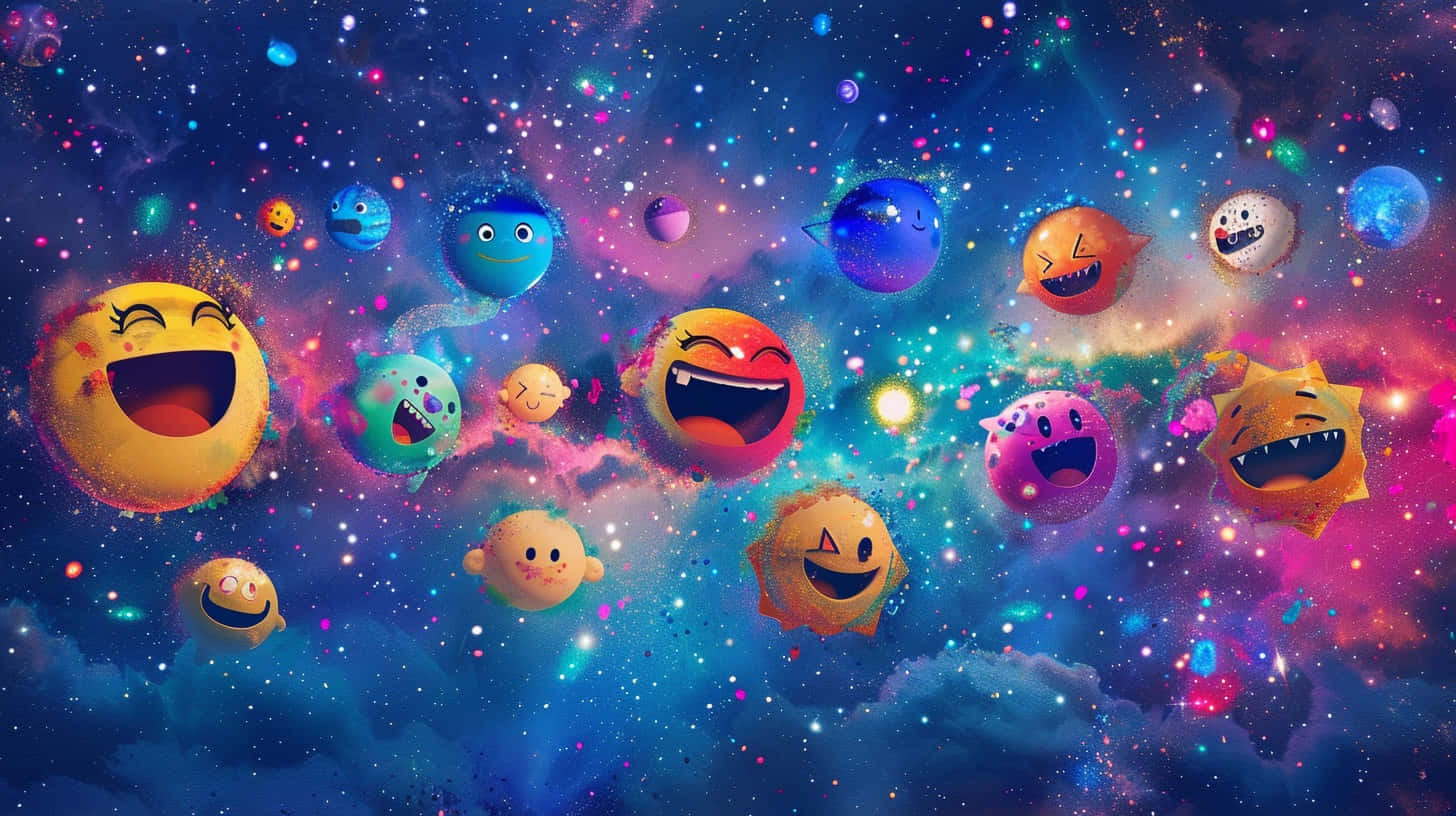 Galaxy Emojis 桌布 壁紙 — 充滿活力的表情符號行星帶著喜悅的表情漂浮在由發光星星和彩色氣體雲組成的宇宙星雲中。