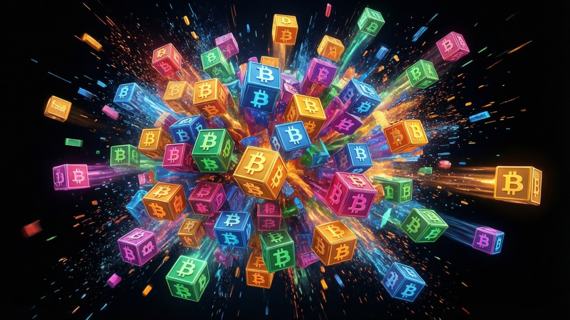 Blockchain 桌布 壁紙 — 色彩繽紛的比特幣立方體在黑暗的宇宙背景下向外爆發，帶有發光的軌跡。