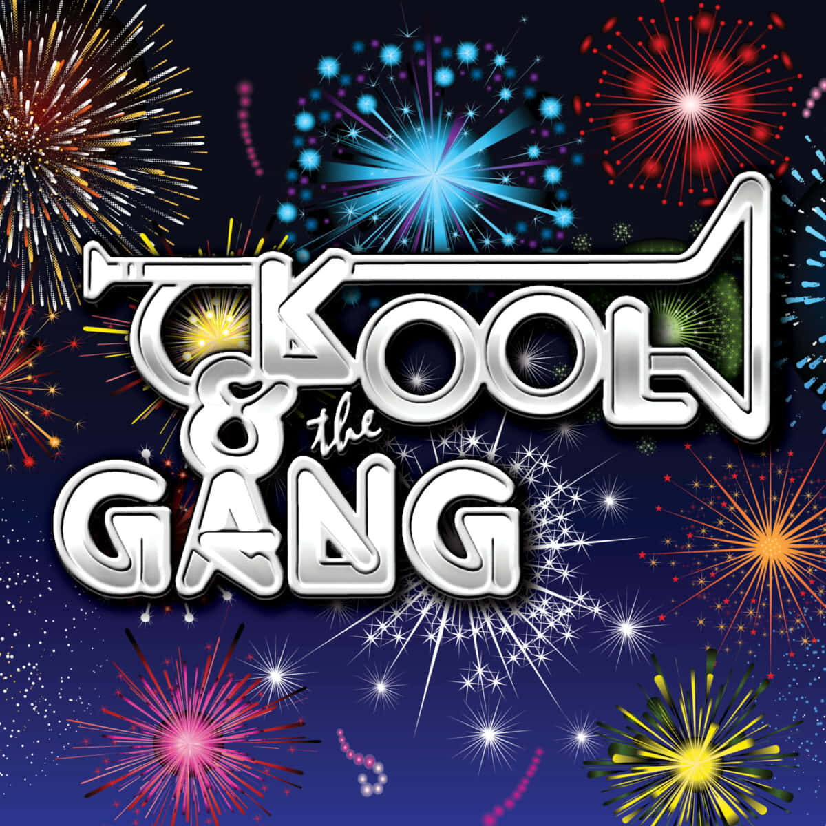  壁紙 — 鮮豔的煙火在黑暗夜空背景下，於「Kool & the Gang」閃亮銀色喇叭形標誌後方爆炸。