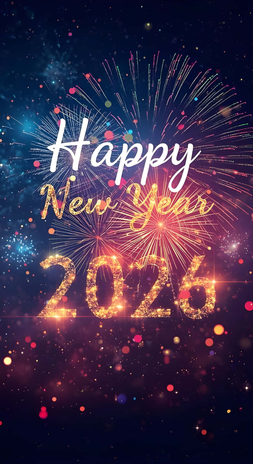  壁紙 — 在繁星點點的夜空背景下，閃爍的「Happy New Year 2026」文字背後爆發出絢麗的煙火。