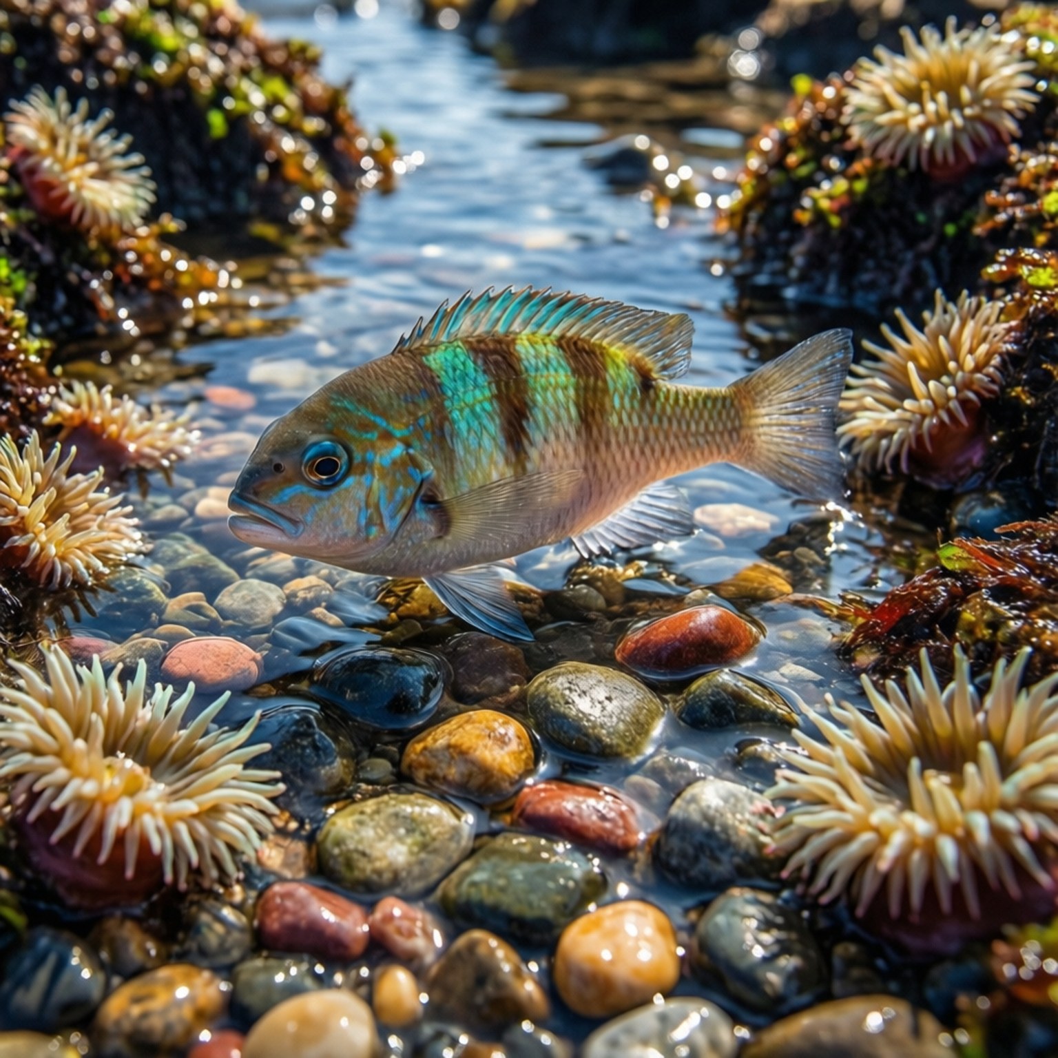 潮池中的克氏魚 壁紙 — 一條帶有藍綠色條紋的鮮豔魚兒，在清澈淺水中優雅地游過彩色鵝卵石和白色海葵。