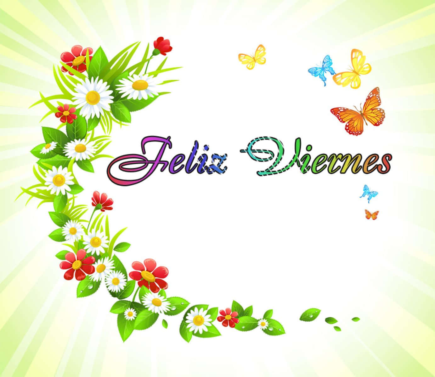  壁紙 — 充滿活力的花卉花環，以雛菊和紅花圍繞著「Feliz Viernes」文字，背景是陽光四射，並點綴著色彩繽紛的蝴蝶。