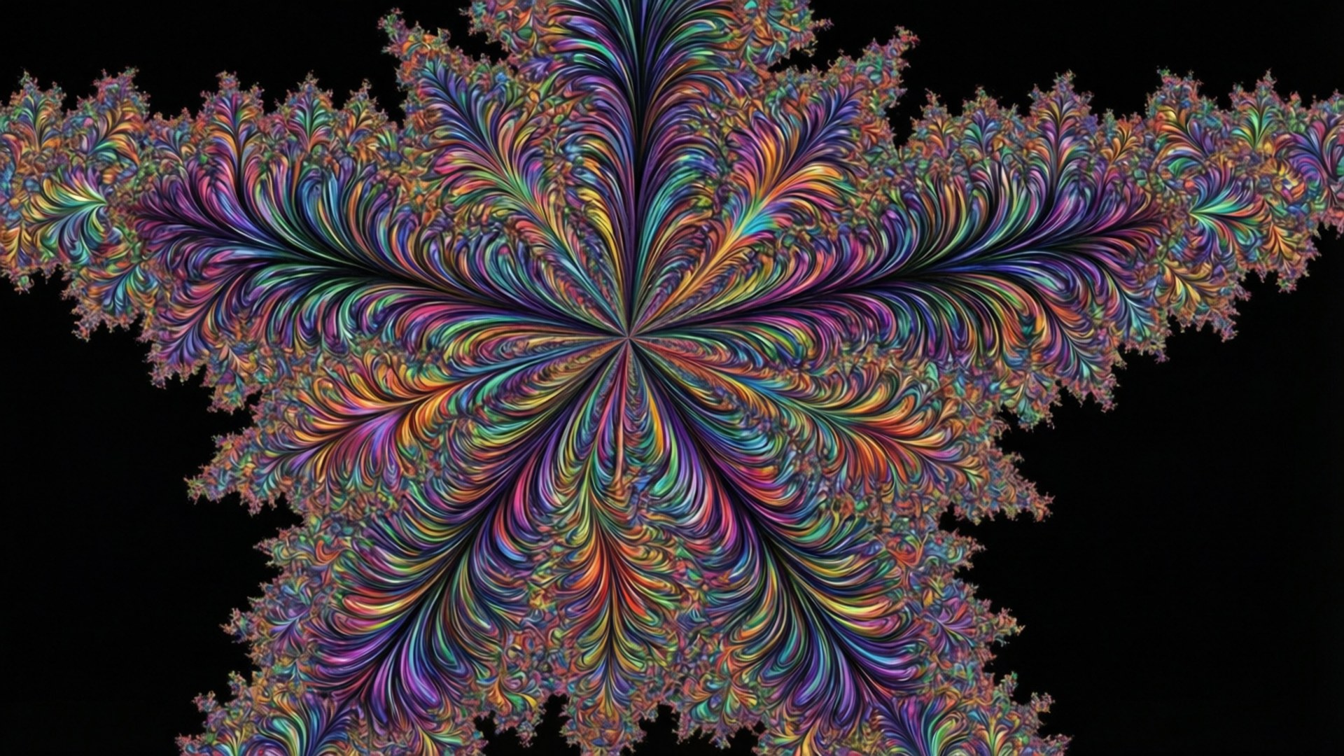 桌布 壁紙 — 一個充滿活力的分形圖案在純黑色背景上以對稱、色彩繽紛的漩渦向外輻射。