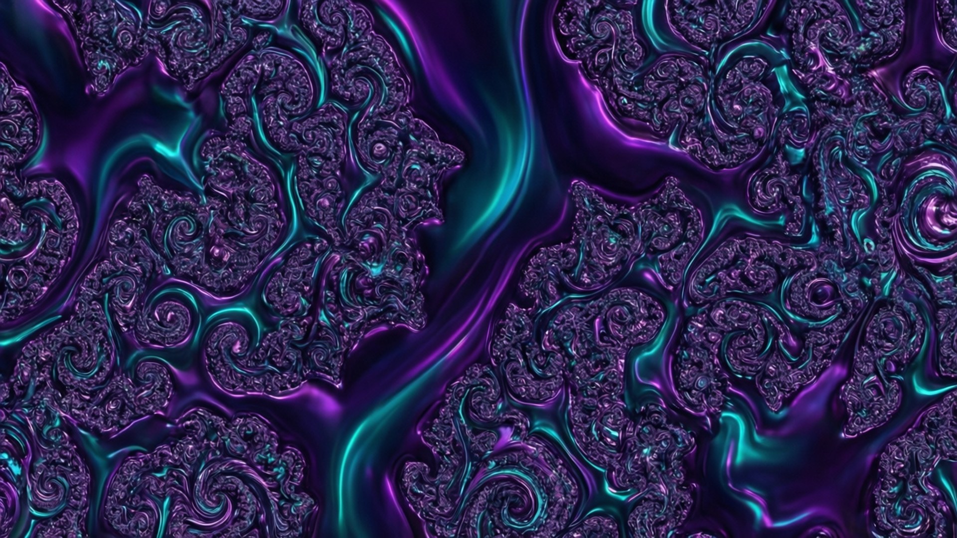 抽象數位藝術作品，帶有紫色和藍綠色的旋轉分形圖案。