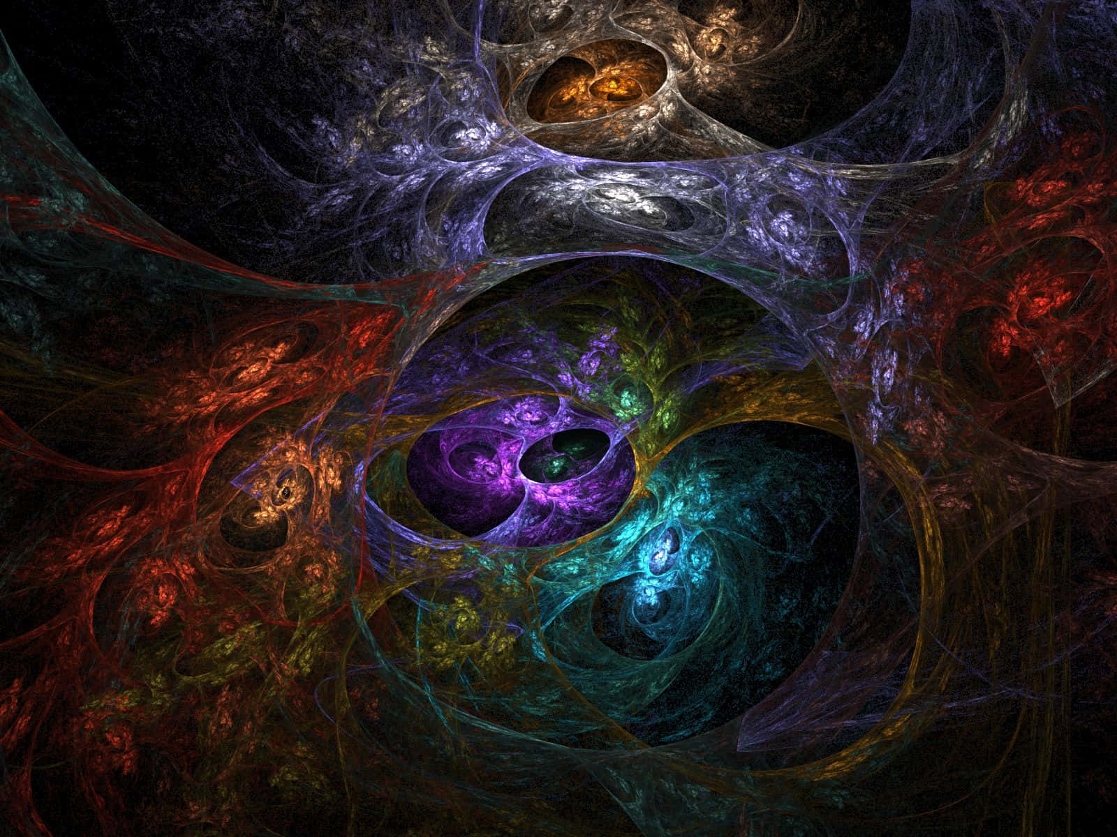  壁紙 — 鮮豔的紅色、紫色和藍綠色分形卷鬚在黑暗的宇宙背景下旋轉，營造出超凡脫俗的抽象場景。