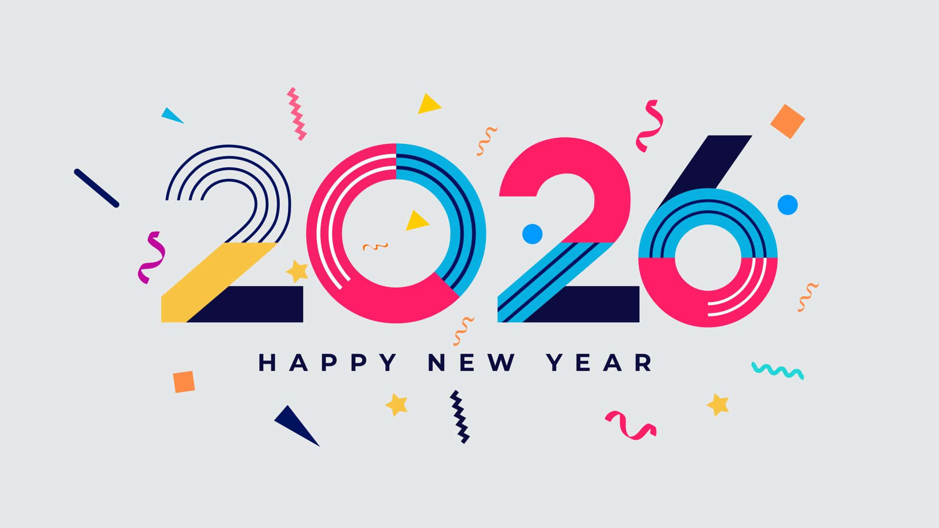  壁紙 — 充滿活力的幾何2026新年圖形，淺灰色背景上帶有彩色抽象形狀和五彩紙屑。