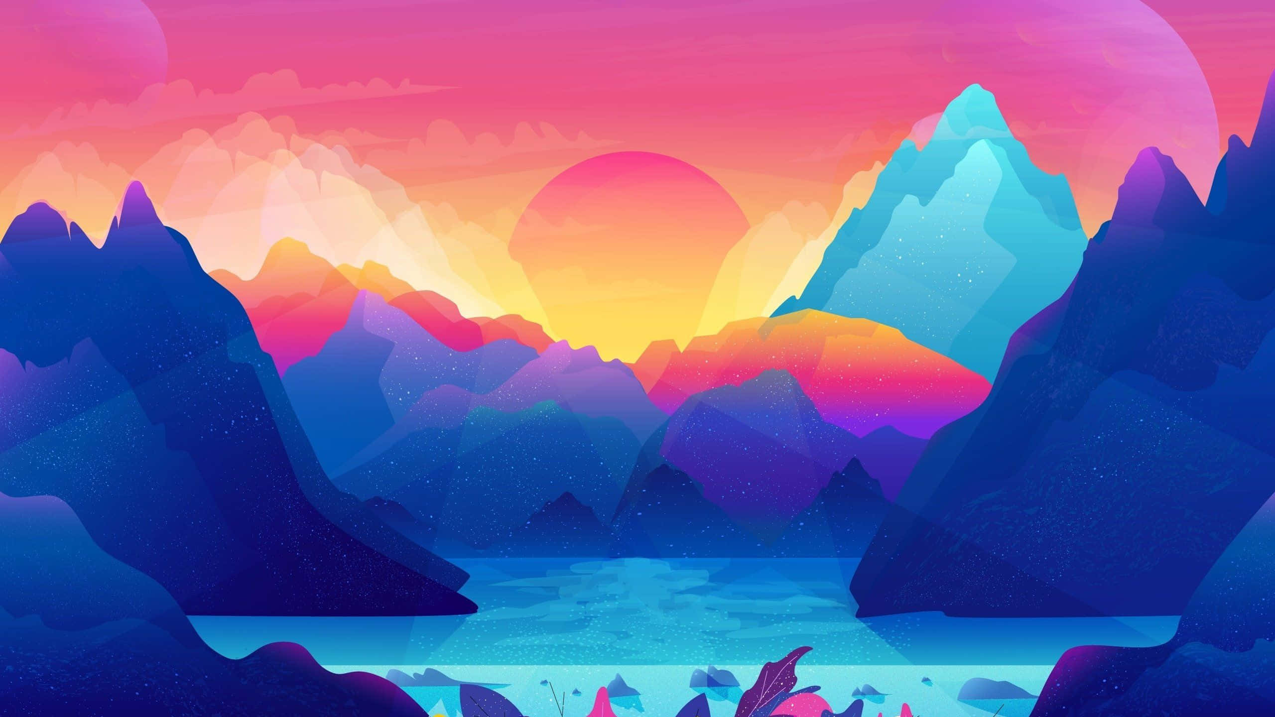 Sunset Painting 桌布 壁紙 — 充滿活力的幾何山脈在超現實的粉橙色日落照耀下閃耀，在寧靜的湖面上投下色彩繽紛的倒影。