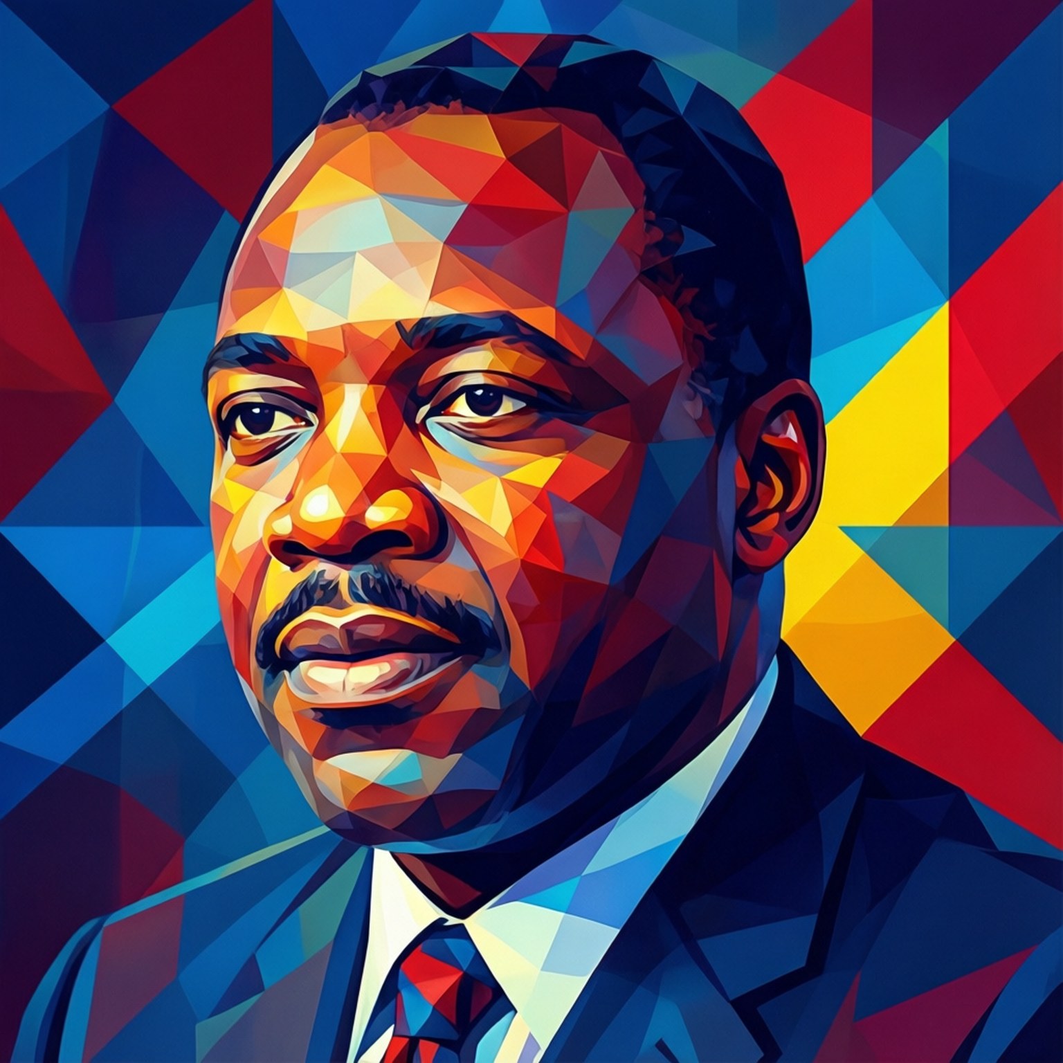 luther 桌布 壁紙 — 一個充滿活力的幾何肖像，描繪一位身穿西裝的男子，以鮮明的三角形色彩呈現，背景為動態抽象風格。