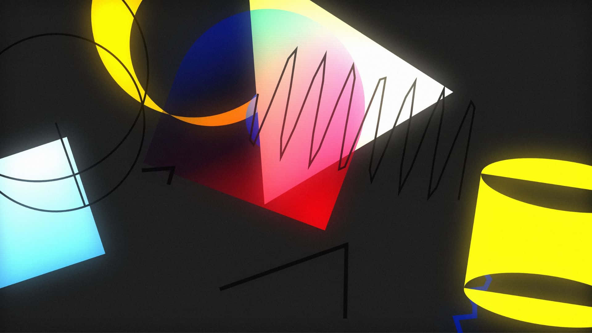  壁紙 — 鮮豔的幾何形狀在深色背景上發光，搭配大膽的線條和飽和的色彩，營造出動態的抽象構圖。