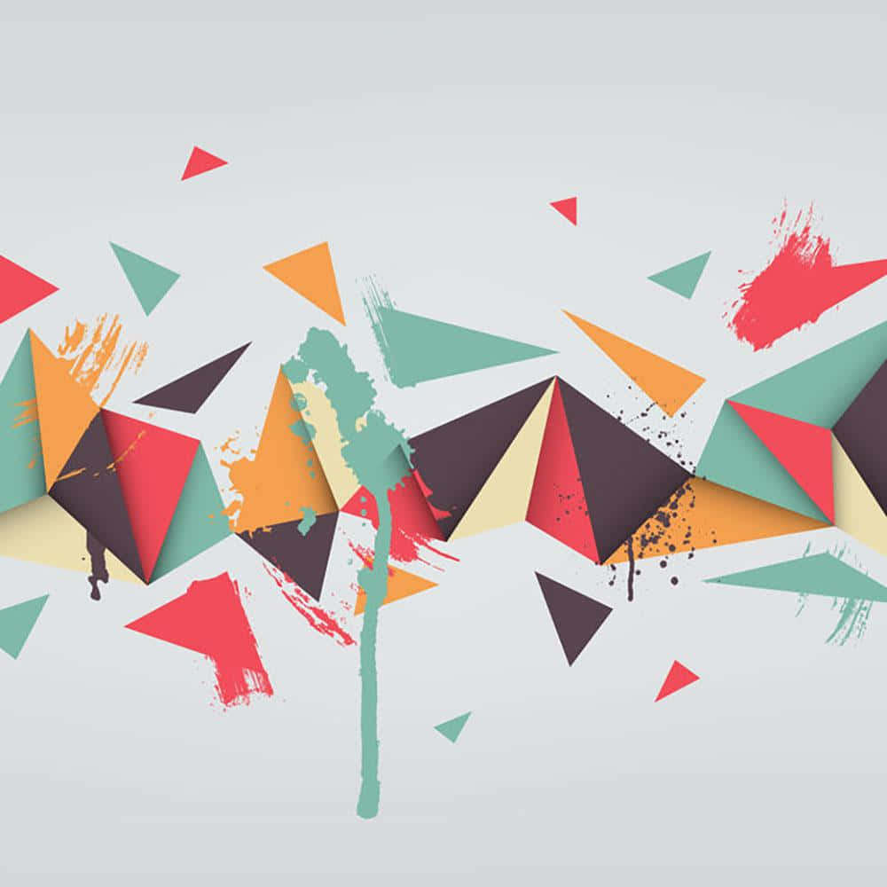  壁紙 — 充滿活力的幾何三角形和油漆飛濺在淺灰色背景上爆炸開來，形成動態的數位藝術構圖。