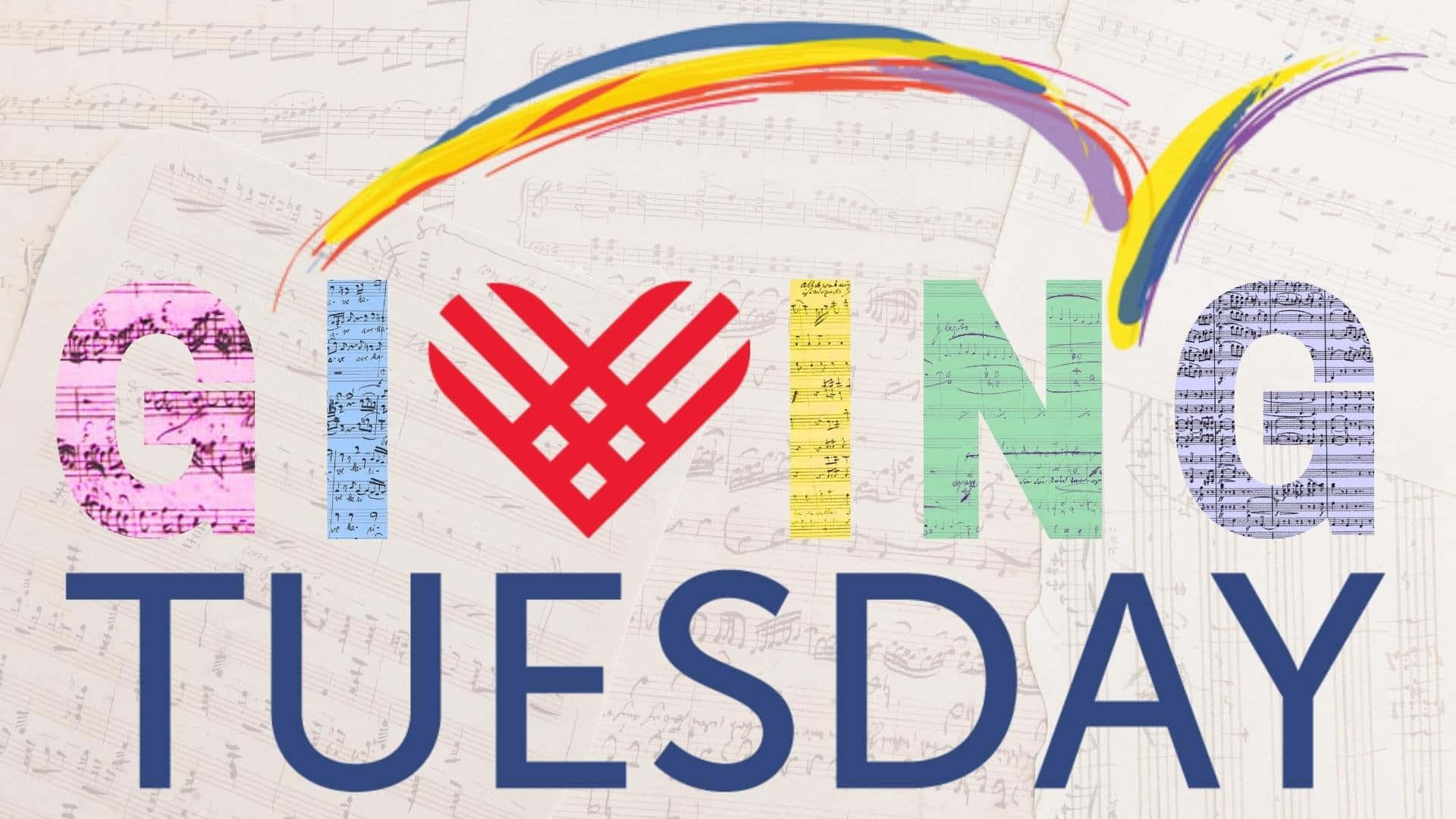  壁紙 — 充滿活力的 Giving Tuesday 標誌，彩虹拱門和音符填滿背景。