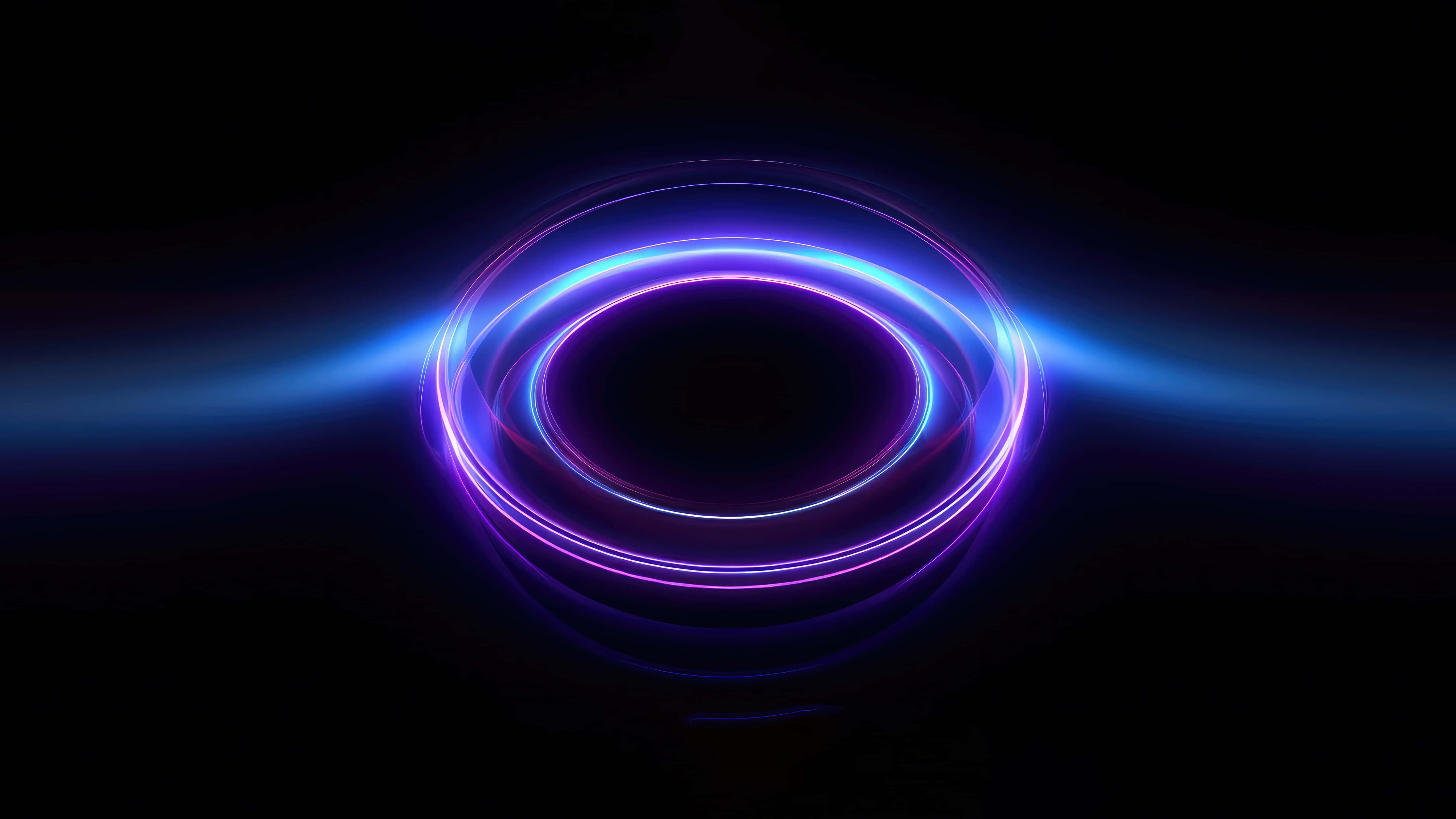 Abstract Circle 桌布 壁紙 — 充滿活力的藍色和紫色發光霓虹環在深邃的黑色虛空中旋轉，形成迷人的漩渦。