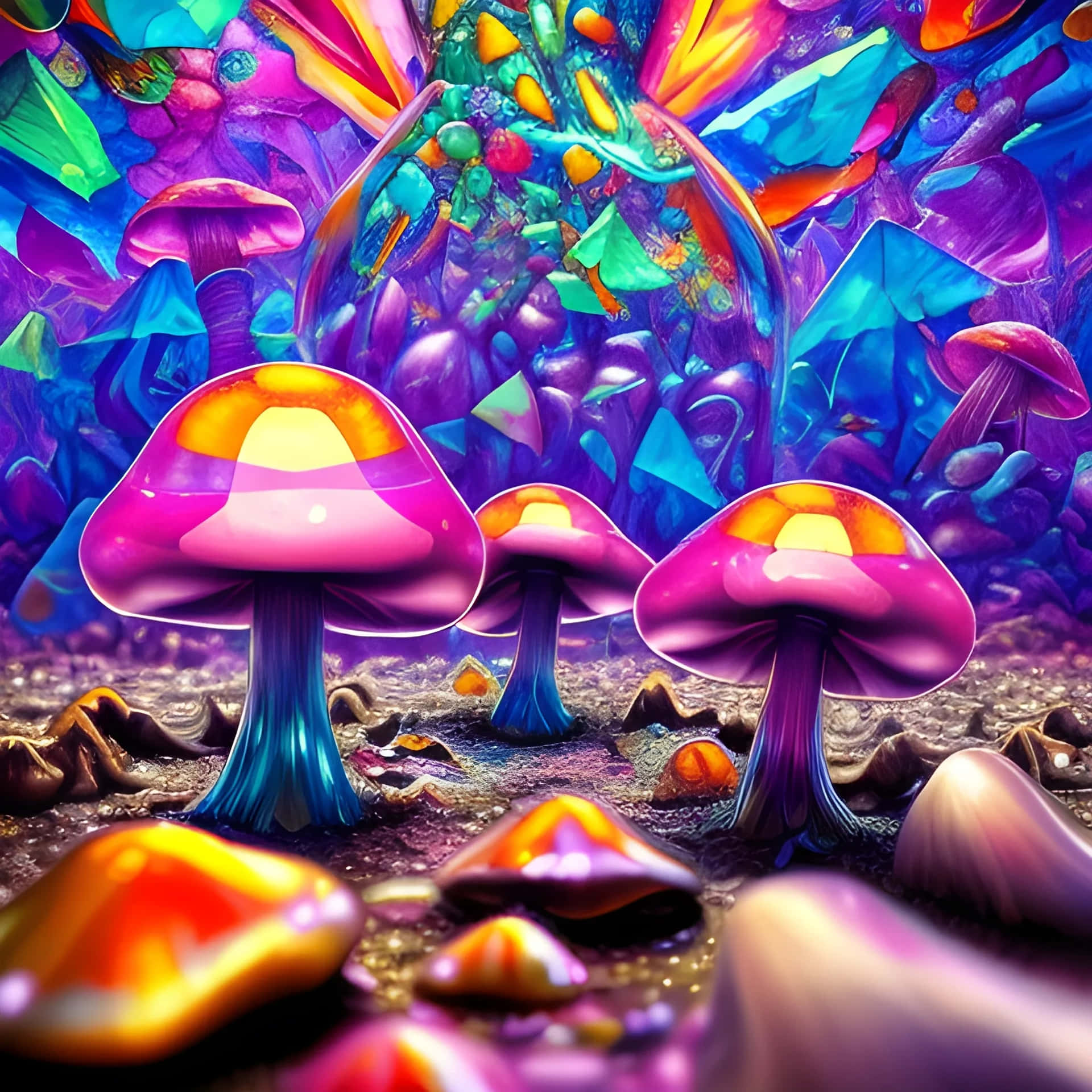 壁紙 — 鮮豔發光的橙色蘑菇帽在超現實迷幻的水晶紫色和藍色植物森林中生長。