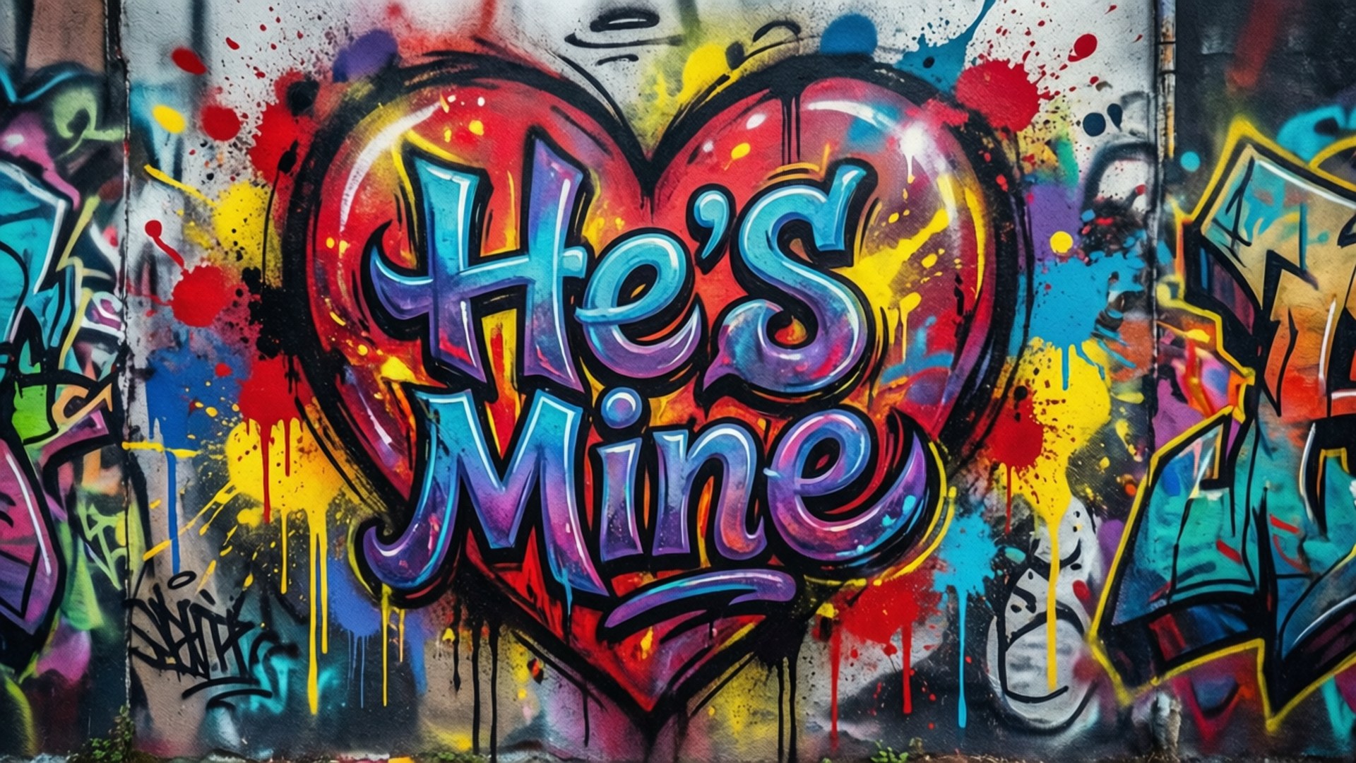 帶有心形和文字 He's Mine 的塗鴉壁畫