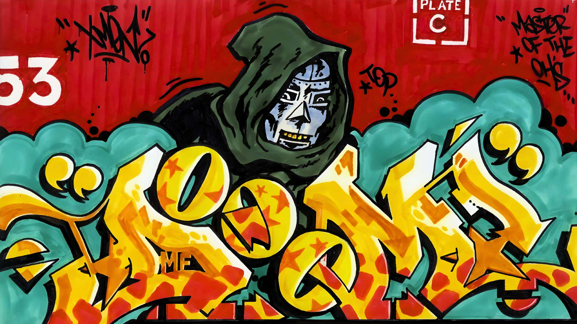  壁紙 — 一幅充滿活力的塗鴉壁畫，描繪了一個戴著兜帽的死神形象，在紅色背景上，壓在粗體黃色風格化文字之上。