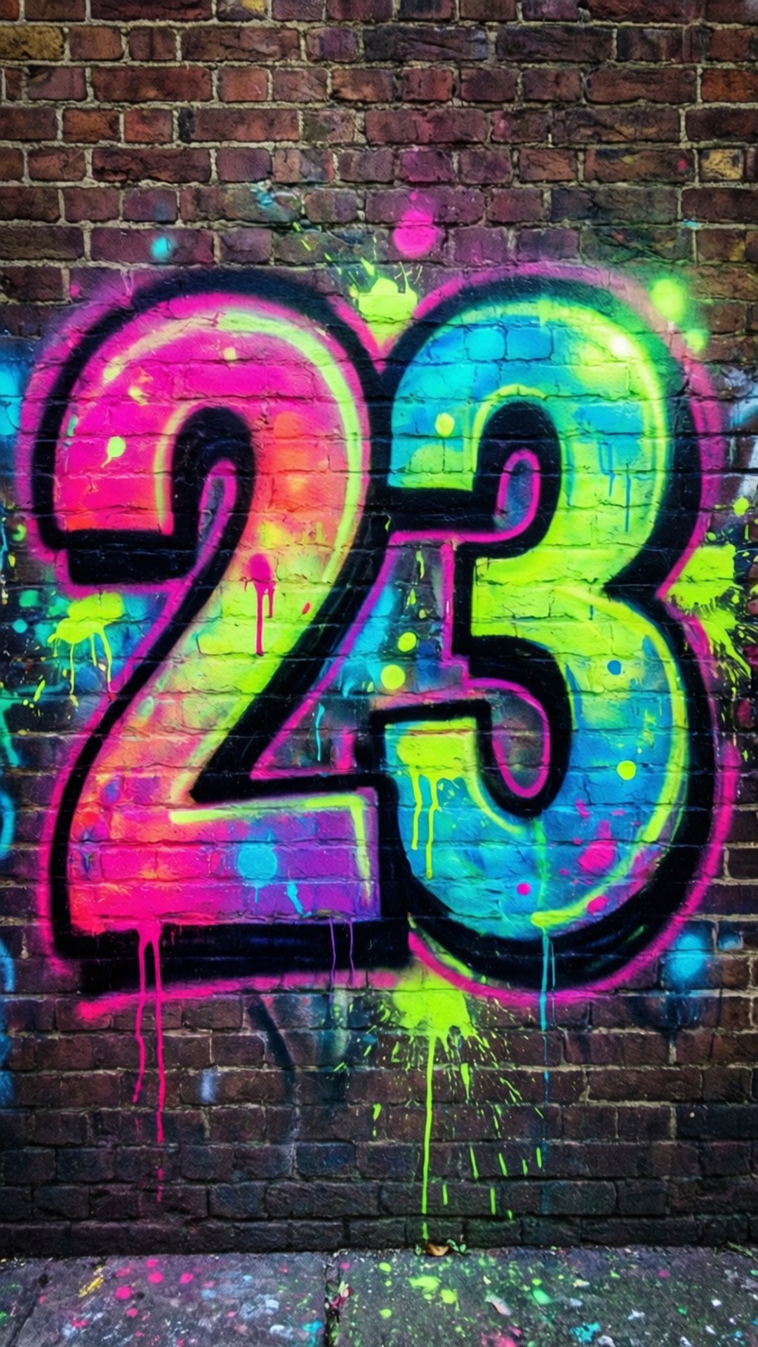 磚牆上帶有油漆滴落的螢光塗鴉數字23。
