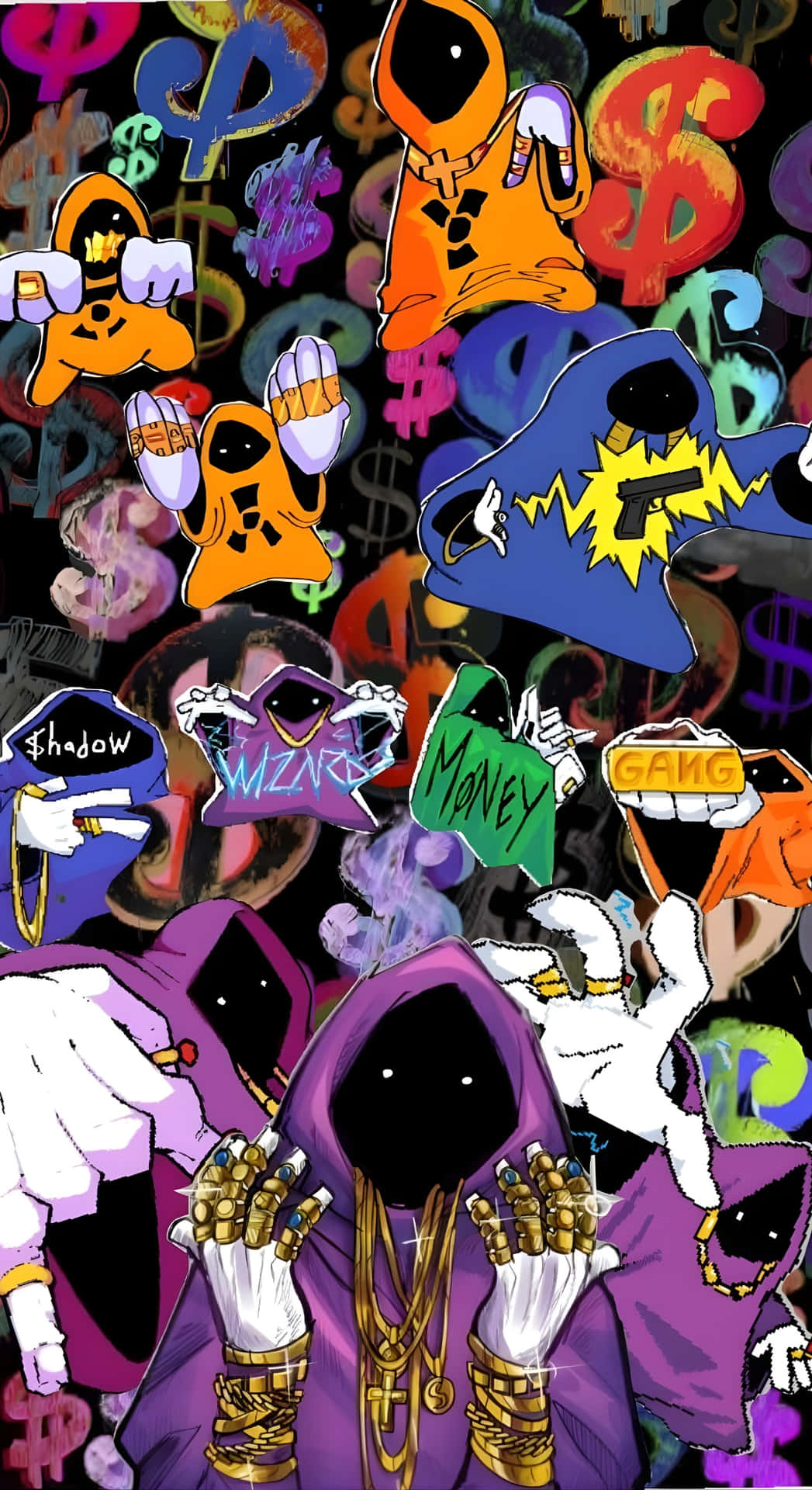  壁紙 — 穿著連帽衫的鮮豔塗鴉風格卡通鬼魂，在混亂的美元符號背景前比劃著金錢符號和槍支。