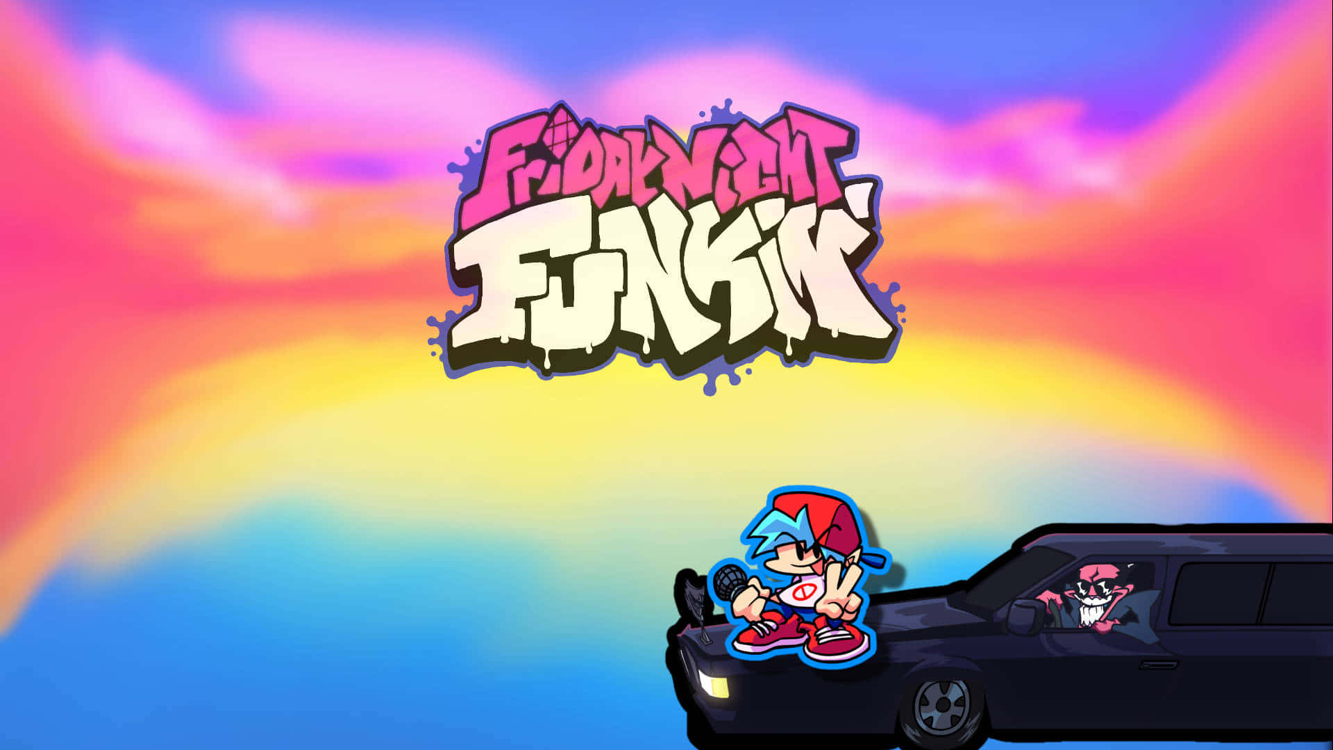 Fnf Pfp 桌布 壁紙 — 充滿活力的塗鴉風格「Friday Night Funkin」標誌漂浮在一輛黑色汽車上的卡通角色上方，背景是彩虹日落天空。
