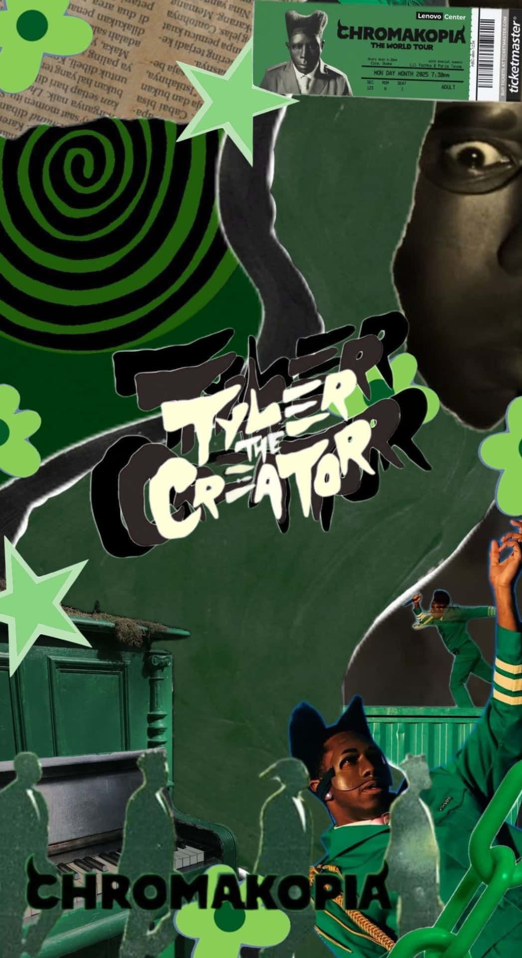  壁紙 — 一張充滿活力的綠色專輯封面拼貼畫，Tyler the Creator 以多種姿勢出現，搭配粗體字體和迷幻漩渦。