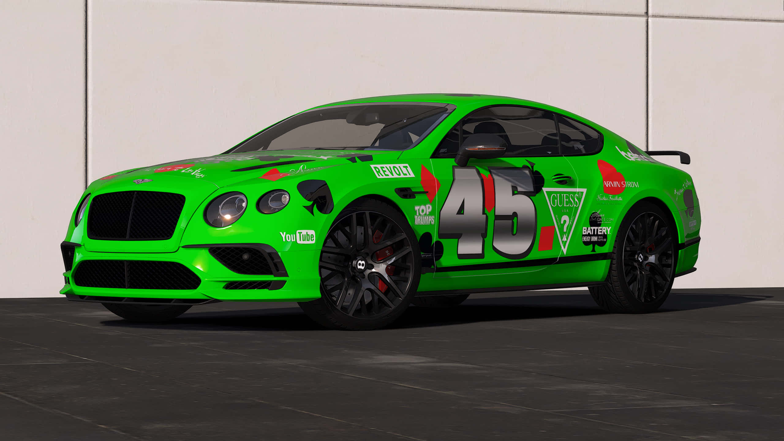 Bentley Continental Supersports 桌布 壁紙 — 一輛鮮綠色賓利Continental GT賽車，帶有45號和贊助商貼紙，停放在純白色牆壁前。