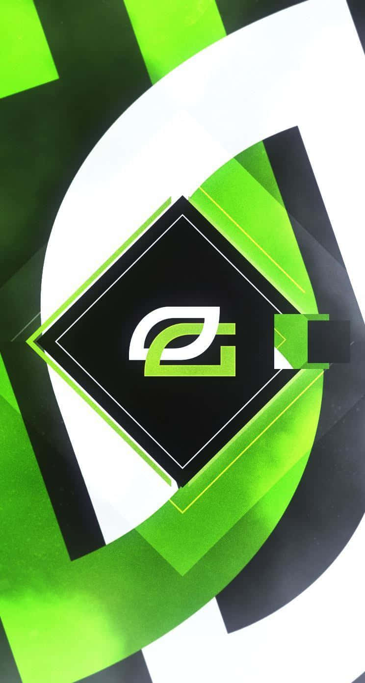 Optic Gaming 桌布 壁紙 — 充滿活力的綠色、黑色和白色抽象幾何壁紙，中央有一個風格化的標誌。