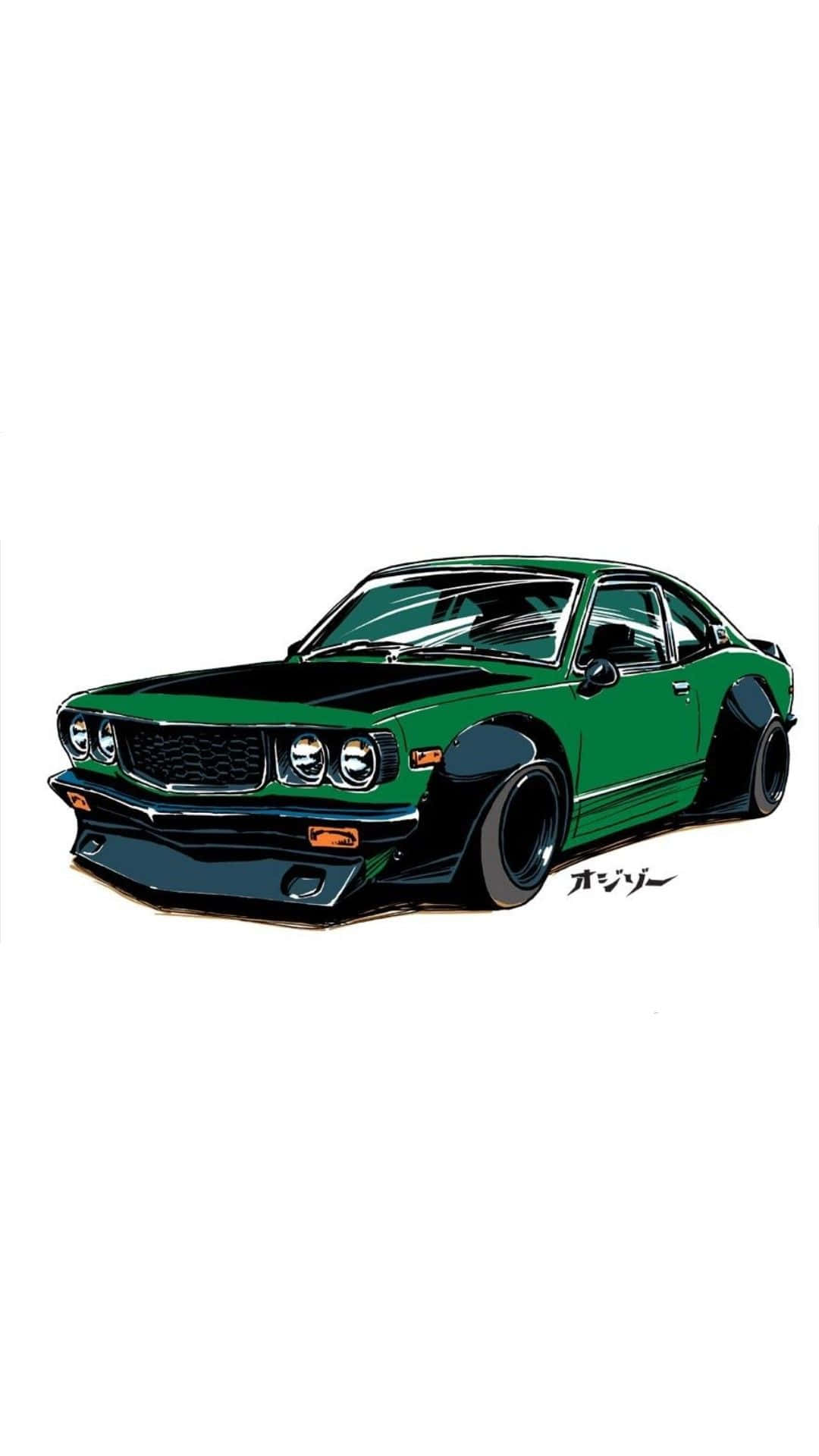 Mazda Rx-3 桌布 壁紙 — 一輛充滿活力的綠色經典雙門轎跑車，配備寬體套件和黑色飾件，以大膽清晰的線條在純白背景上繪製。