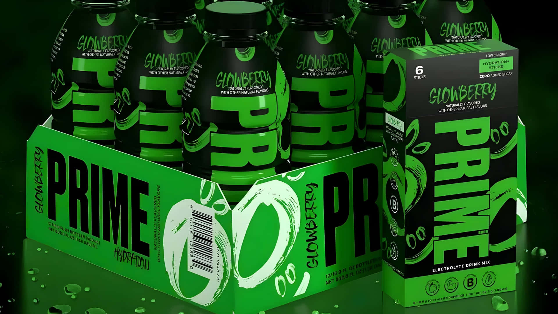  壁紙 — 充滿活力的綠色Glowberry Prime保濕飲料瓶和盒子，以時尚現代的產品拍攝方式排列，帶有反射表面。