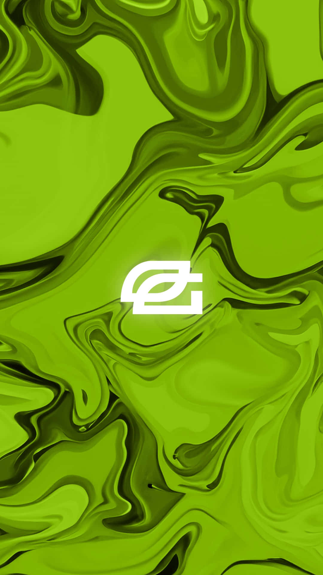 Optic Gaming 桌布 壁紙 — 充滿活力的綠色液體漩渦圍繞中央的白色標誌動態流動，創造出大膽的抽象數碼牆紙。