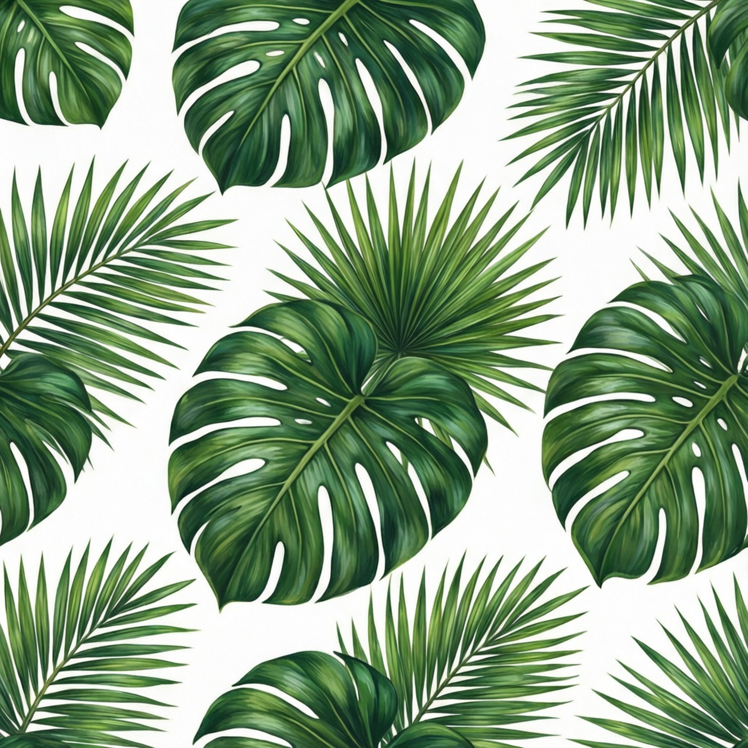 Tropical Leaf Seamless 壁紙 — 充滿活力的綠色龜背竹和棕櫚葉在潔白背景上排列成茂盛的熱帶圖案。