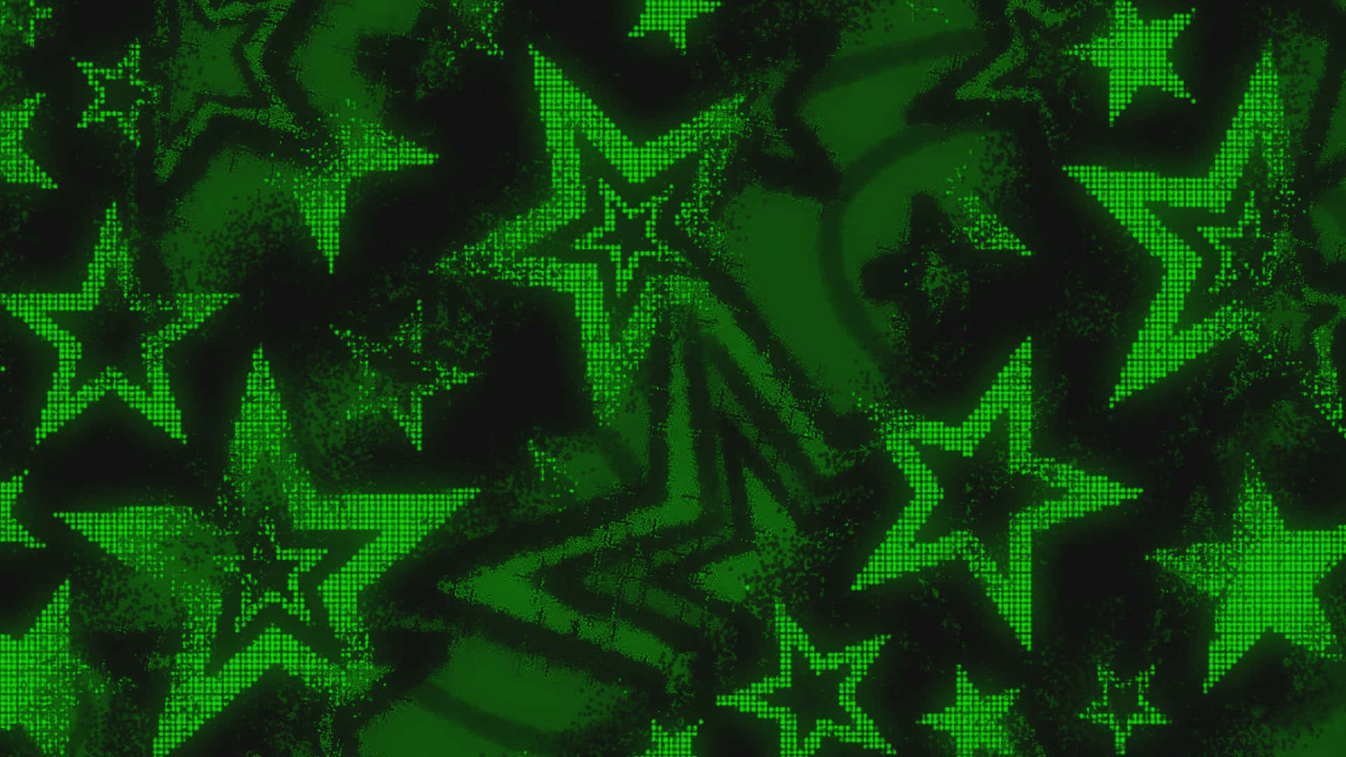  壁紙 — 充滿活力的綠色像素星星帶有磨損紋理，在深色背景上發出光芒，形成復古數位圖案。