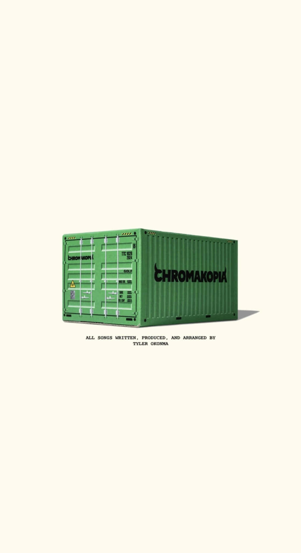 壁紙 — 一個充滿活力的綠色貨運集裝箱，帶有「CHROMAKOPIA」品牌標識，孤立地立在純奶油色背景上。