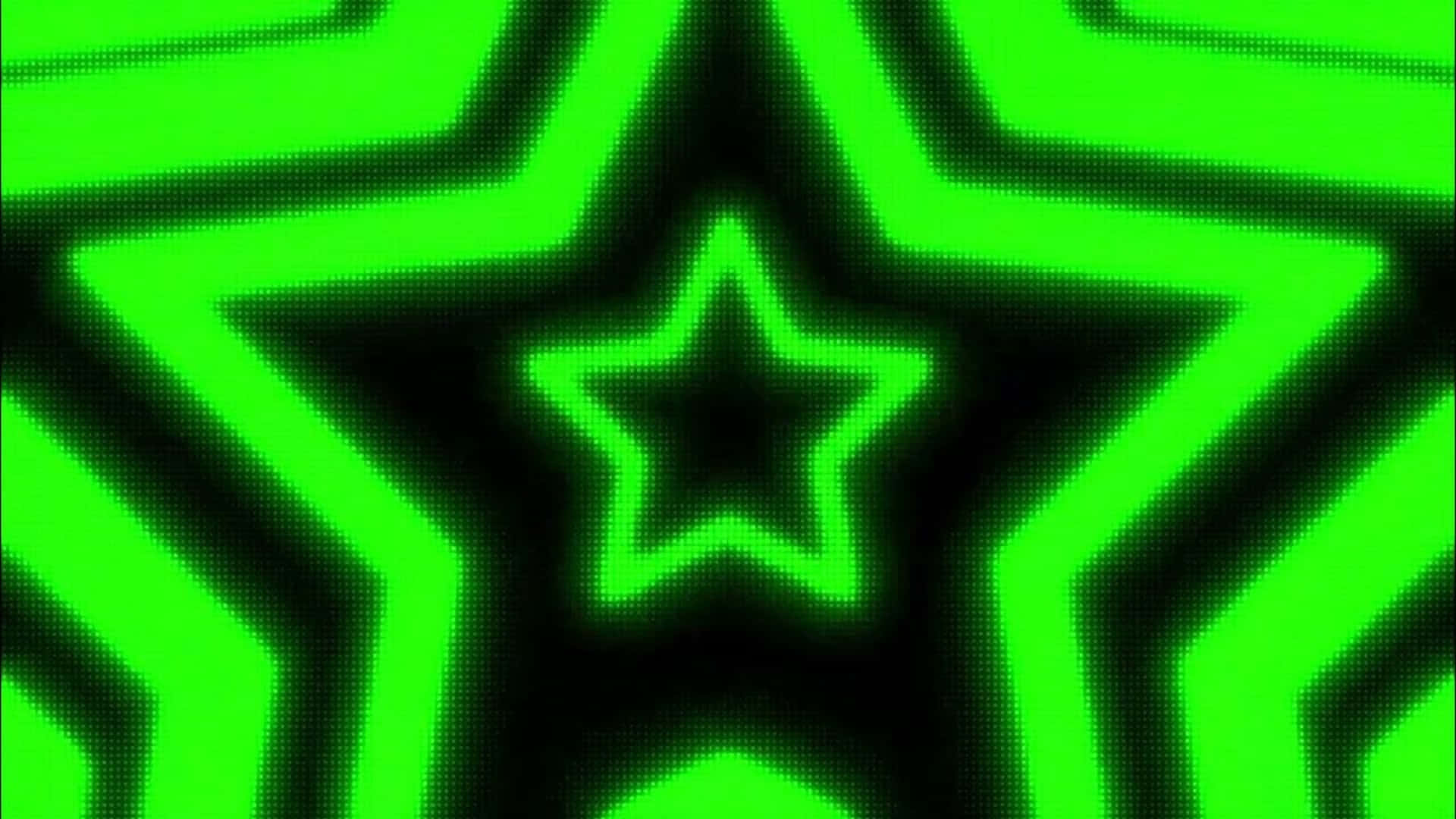  壁紙 — 充滿活力的綠色星星在黑色背景上以半色調紋理形成催眠般的數位圖案脈動。