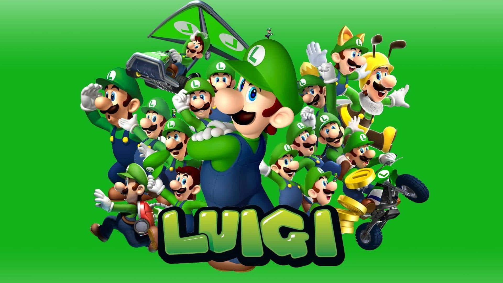 Baby Luigi 桌布 壁紙 — 一組充滿活力的路易吉角色，以各種姿勢和服裝出現在純綠色背景上，並帶有大型路易吉標誌。
