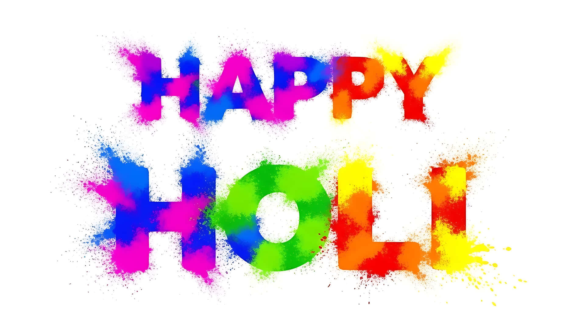 在白色背景上由彩色粉末飛濺組成的Happy Holi文字