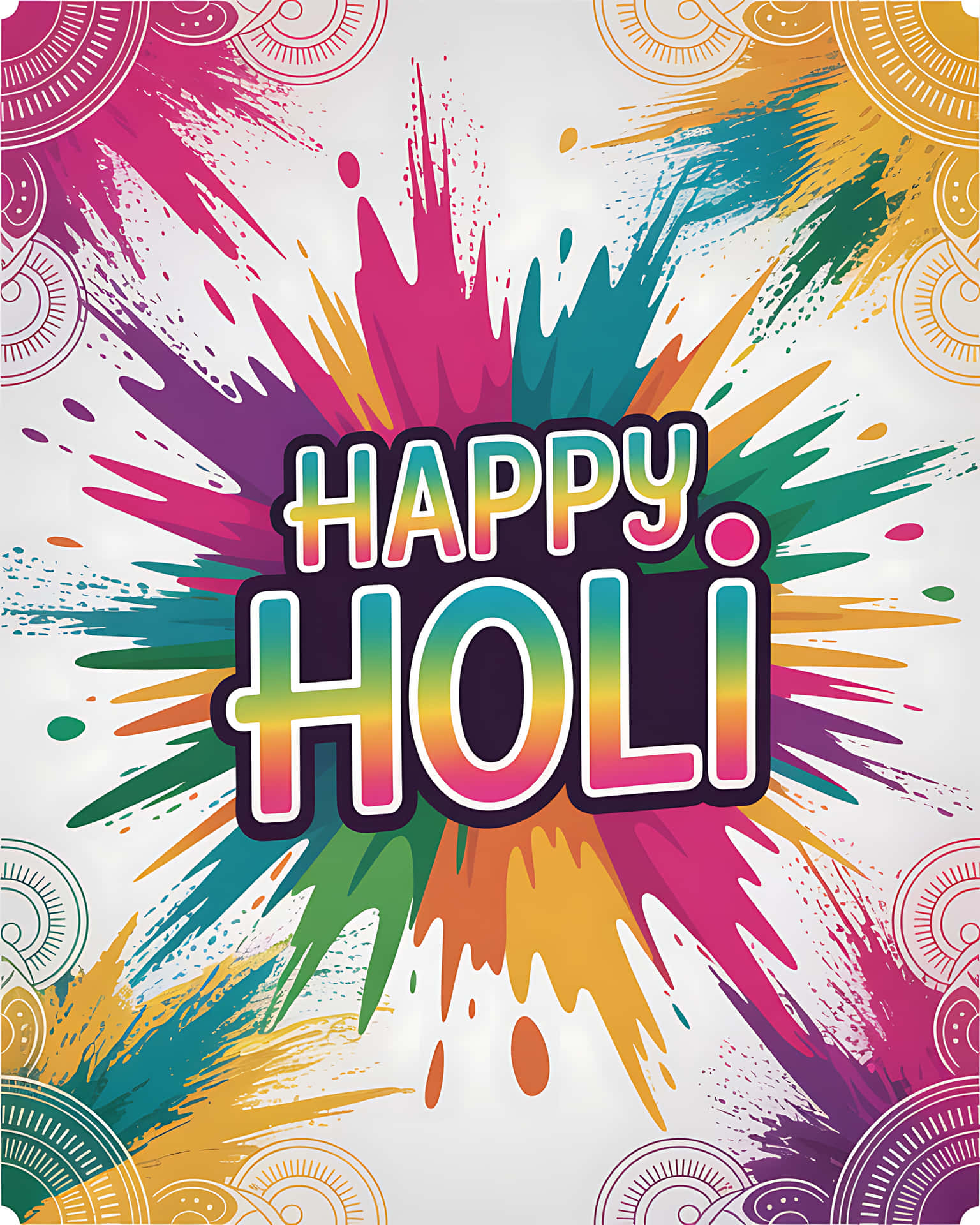 Happy Holi 節日祝福，帶有彩色顏料噴濺和曼陀羅圖案。