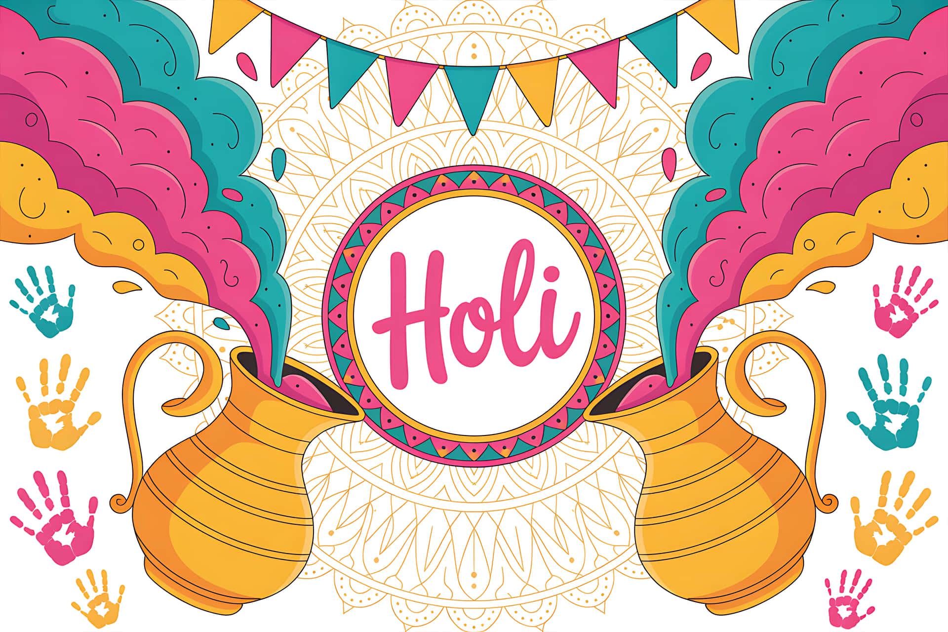兩個金色罐子噴出彩色粉末，帶有手印和曼陀羅設計中的「Holi」字樣。