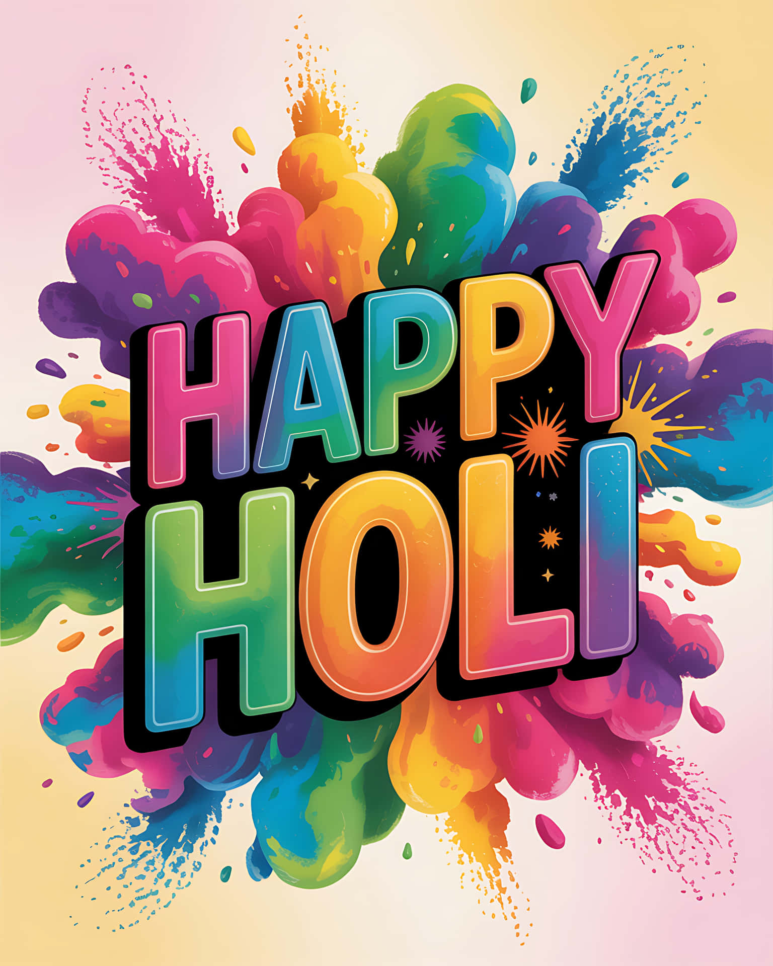 在粉彩背景上，Happy Holi 文字被色彩繽紛的顏料噴濺環繞