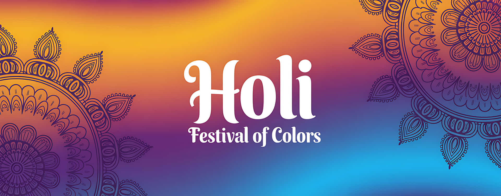 「Holi Festival of Colors」文字居中於彩色漸變上，兩側有裝飾性曼陀羅圖案。