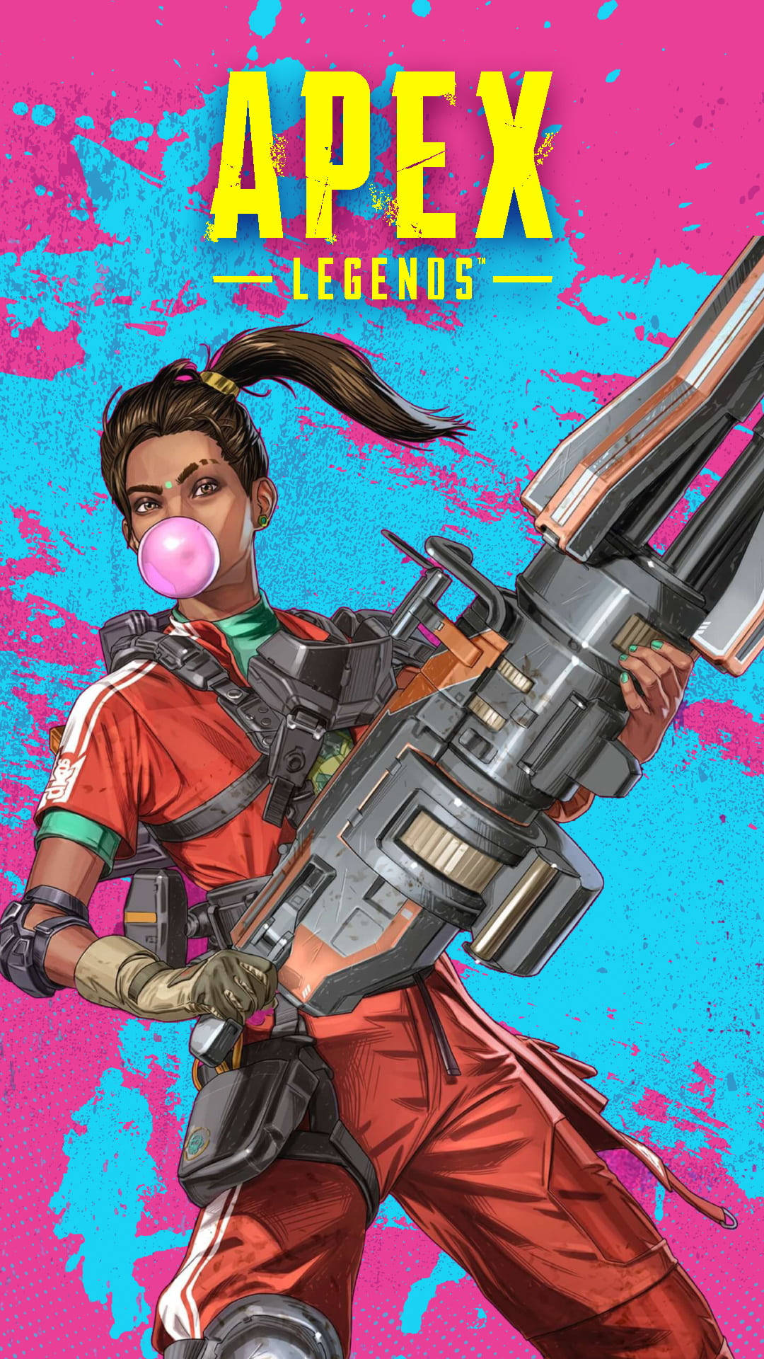 Apex Legends角色在彩色背景上吹粉紅色泡泡糖並手持大型武器
