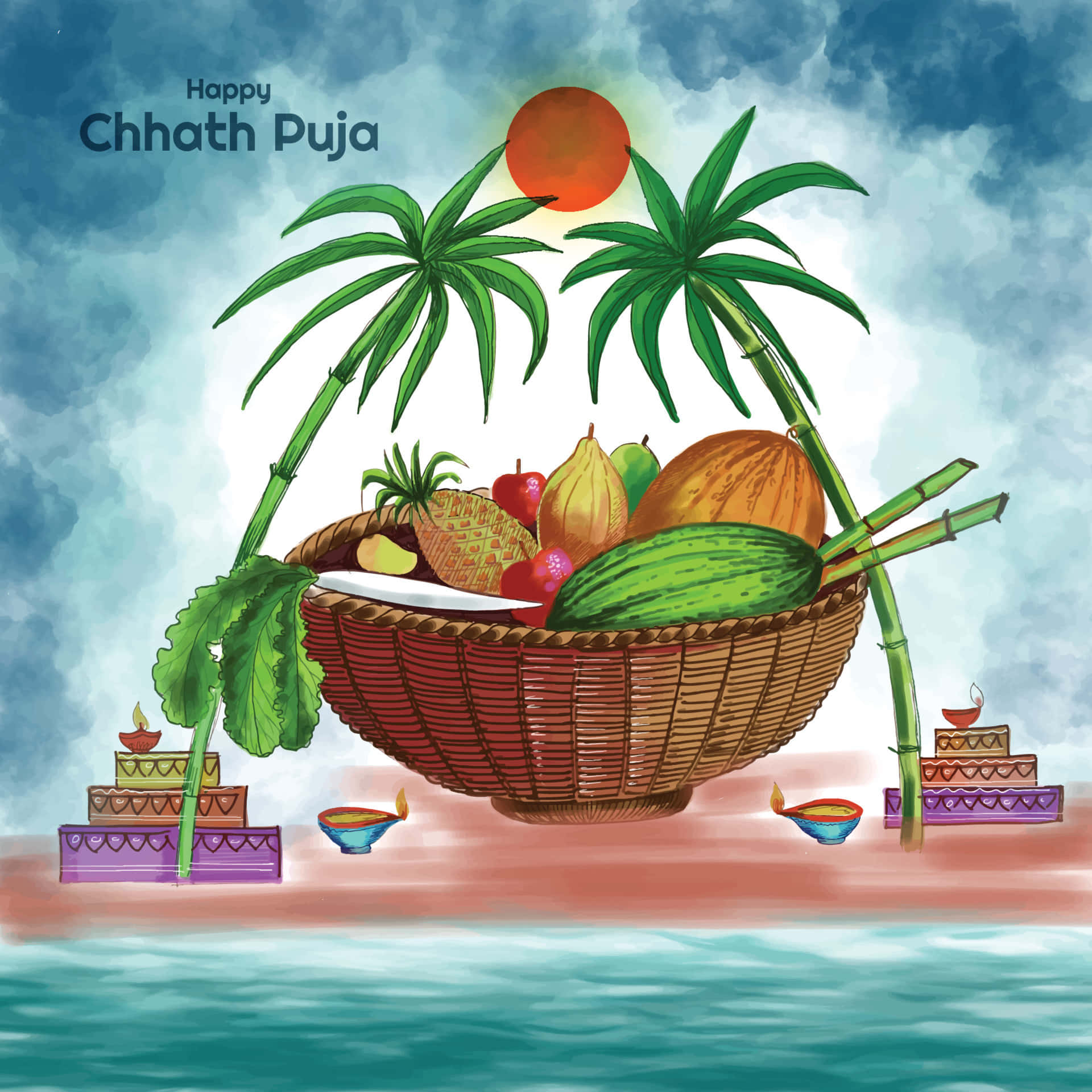Chhath Puja 桌布 壁紙 — 一個充滿活力的插圖籃子，裝滿熱帶水果，在棕櫚樹環繞的夕陽下漂浮在水面上。