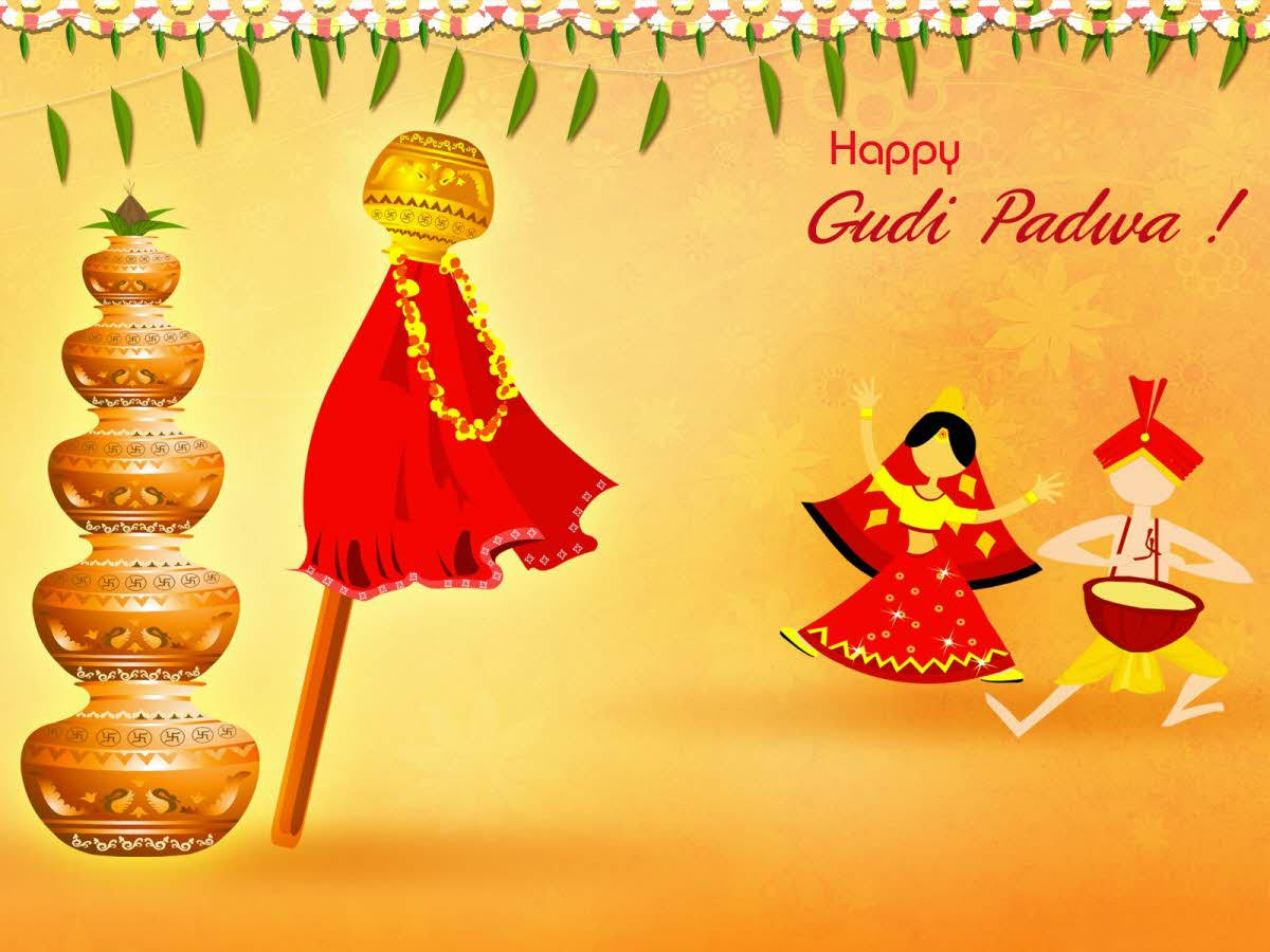 Gudi Padwa節日的插圖，有舞者和裝飾的鍋塔。