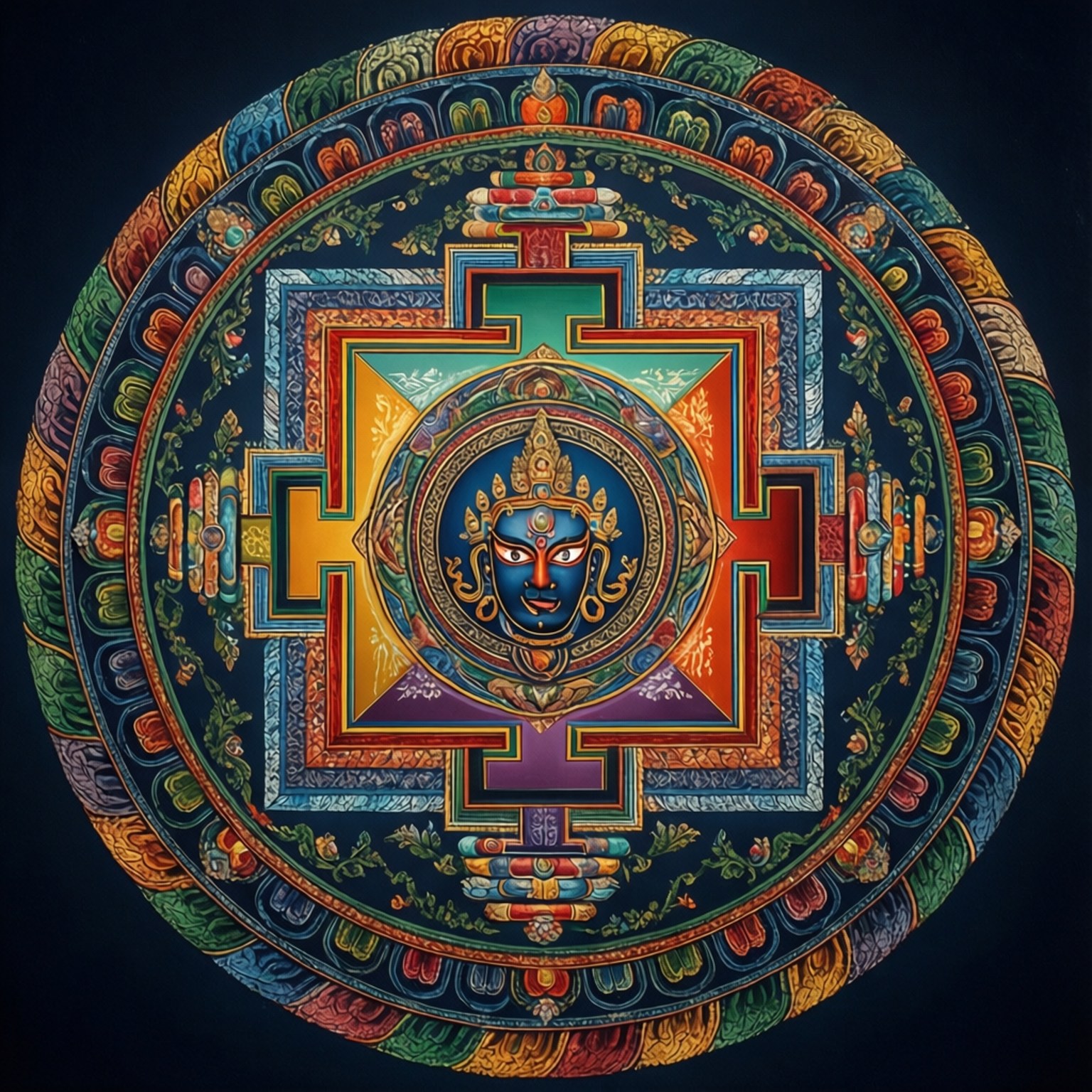 充滿活力的對稱曼陀羅，中央有一個藍色神祇面孔，帶有複雜的色彩繽紛圖案。