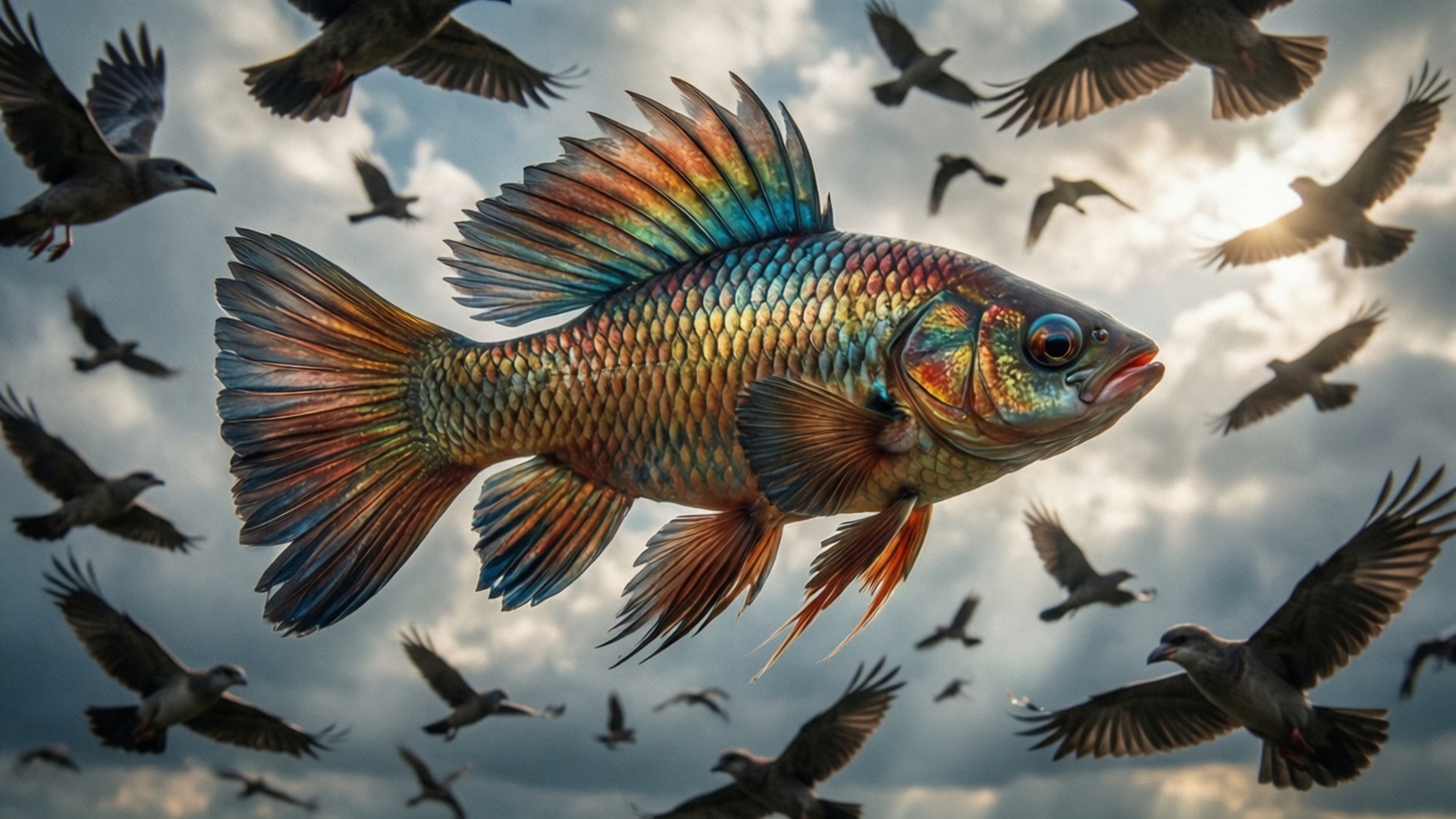 Incongruous 桌布 壁紙 — 一條充滿活力的彩虹魚在雲層密佈的天空中翱翔，周圍有飛鳥相伴。