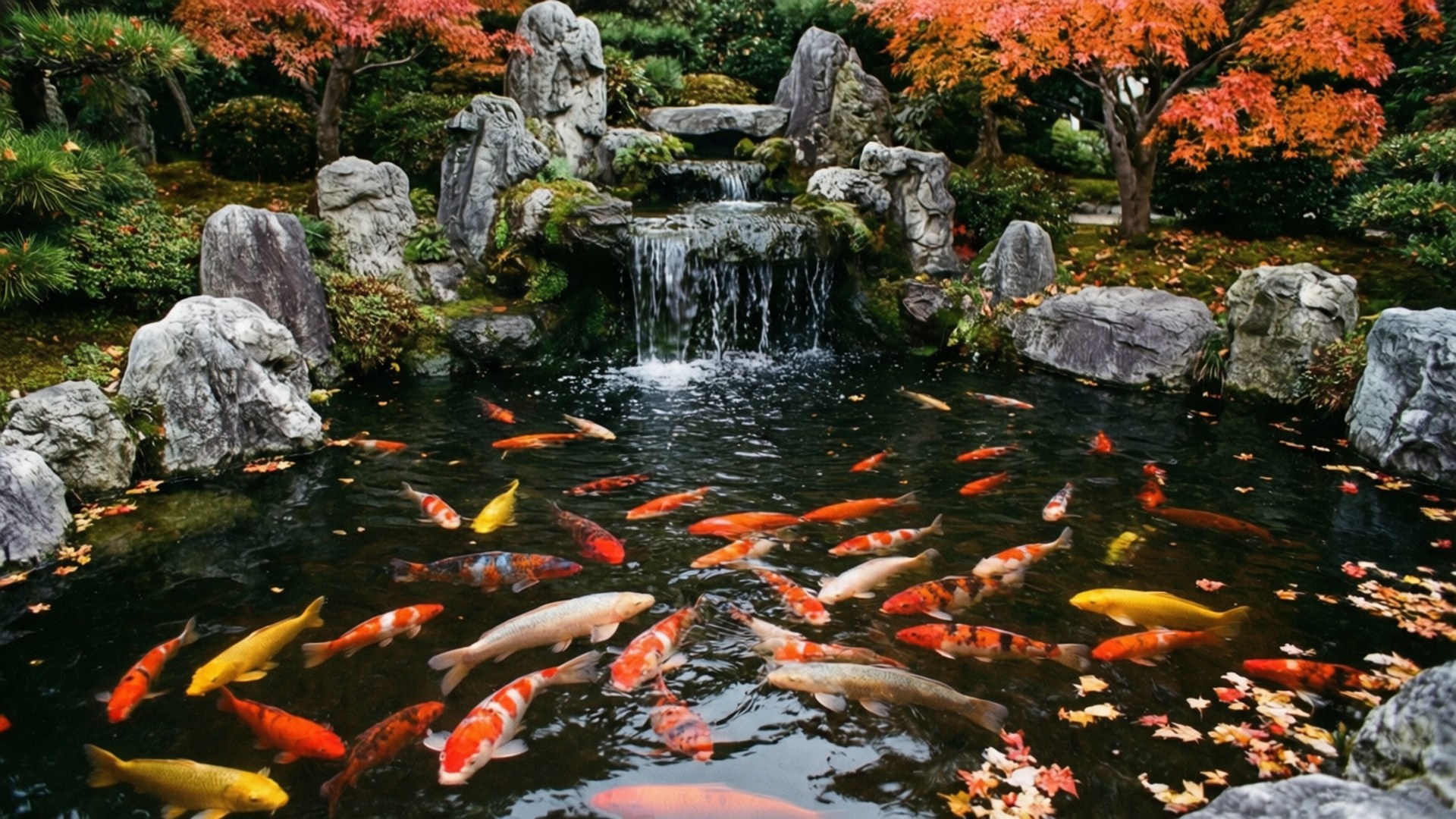 Carp in Japanese Garden 壁紙 — 色彩繽紛的錦鯉在寧靜的池塘中游動，池塘上方有瀑布傾瀉而下，周圍環繞著秋葉。