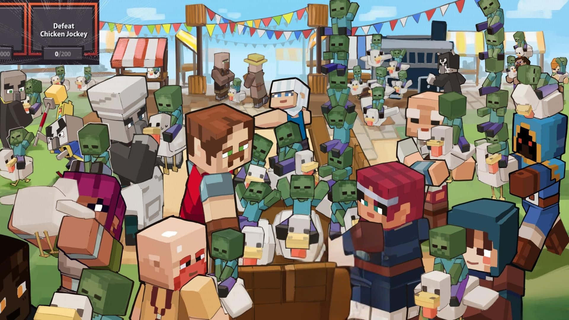  壁紙 — 一個充滿活力的Minecraft節日場景，方塊角色在彩色橫幅下歡呼並賽雞。